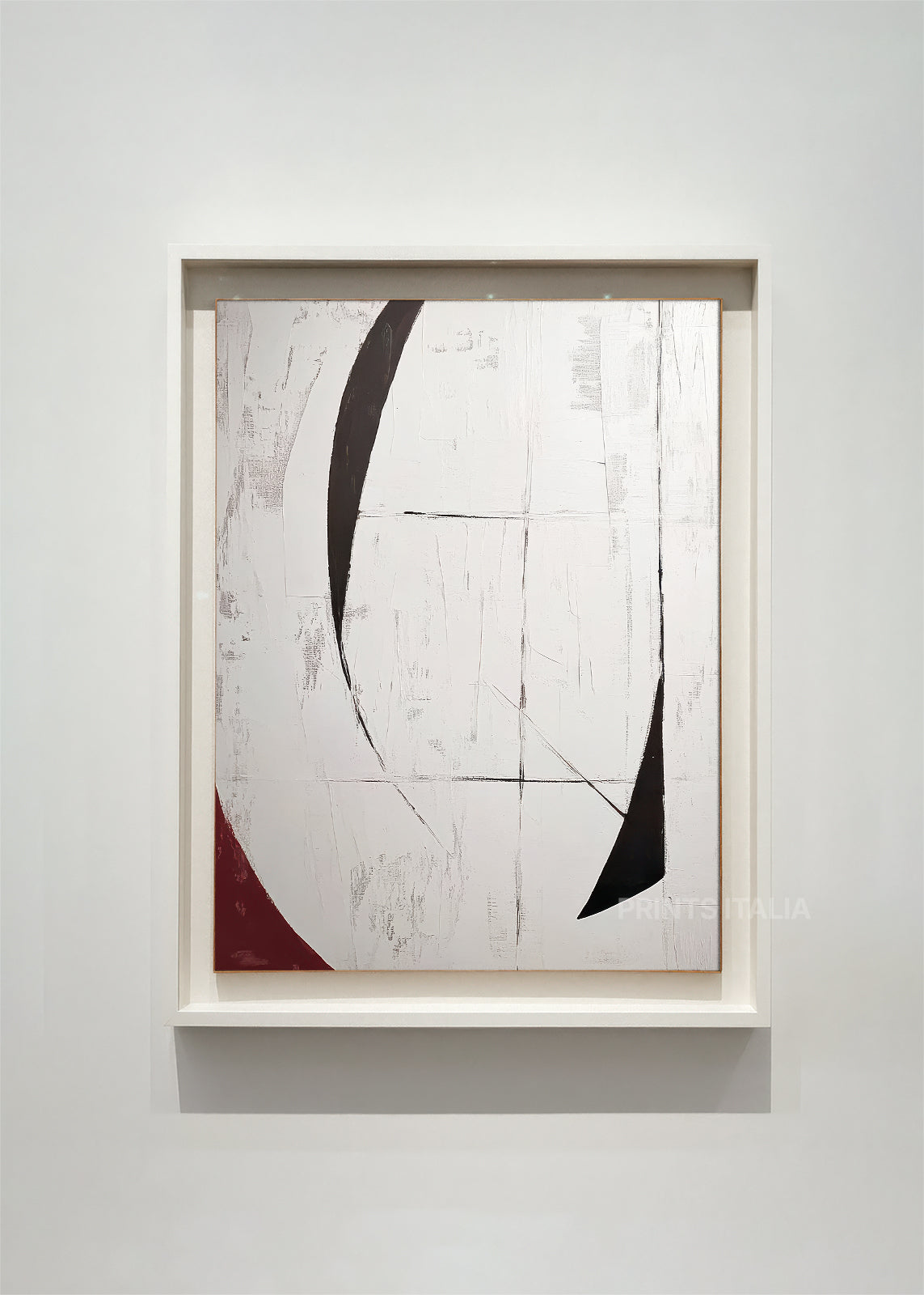 OMBRAYA abstract art print framed – sweeping black arcs and deep red accent on a textured white background