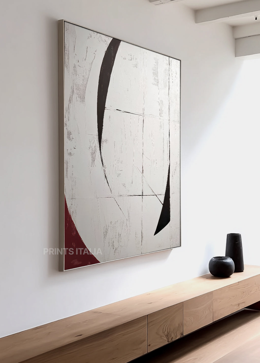 OMBRAYA abstract print styled in a serene, modern space, emphasizing its striking contrast and flowing geometric forms