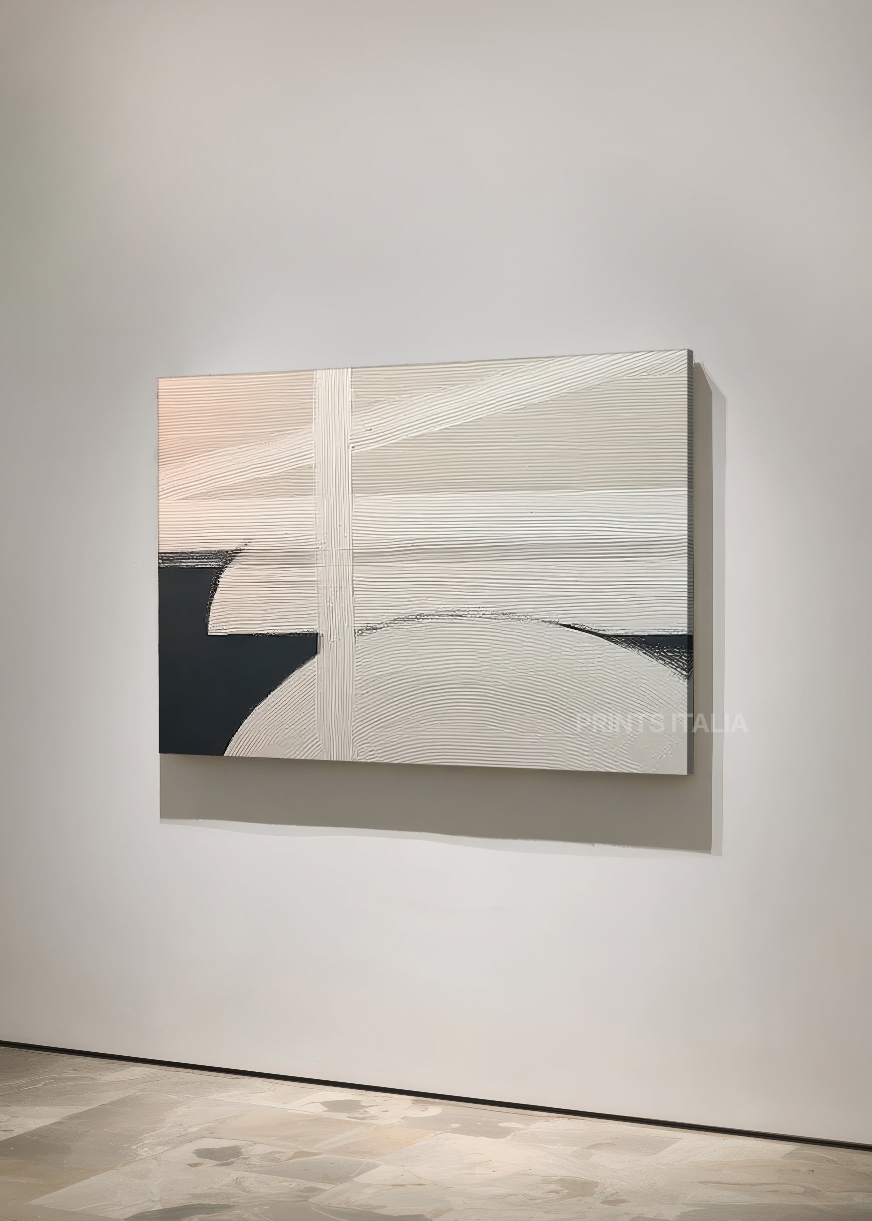 Unframed ORHENNA art print featuring minimalist taupe and cream composition, bold geometric shapes, and subtle surface texture, leaning against a soft neutral wall