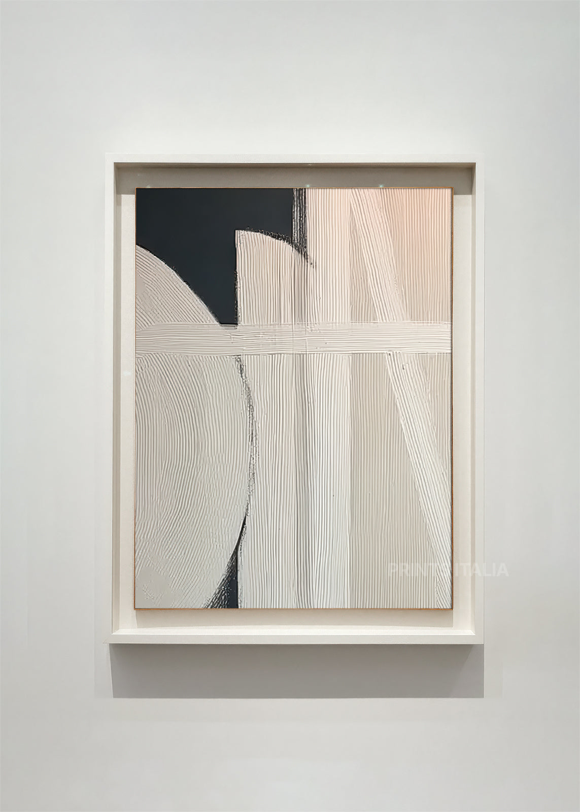 ORHENNA – framed minimalist abstract art print with taupe and cream fields, intersecting geometric forms, and fine textures, displayed in a modern gallery