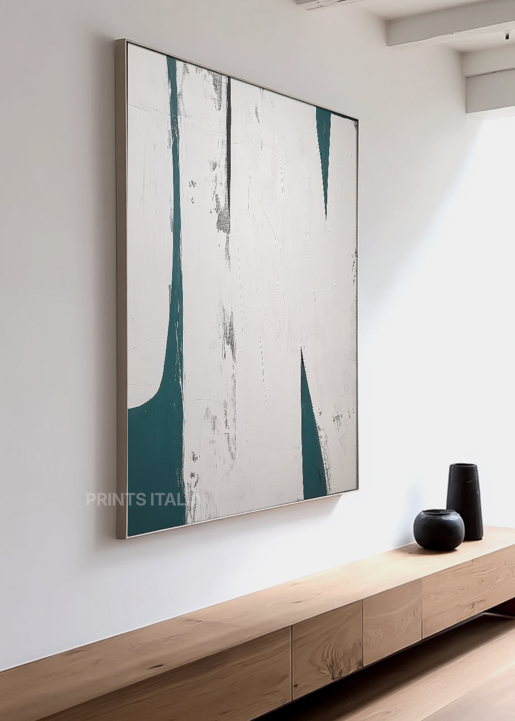 Close-up of ORISA print showing distressed white texture and sharp teal edges for a graphic, tactile effect
