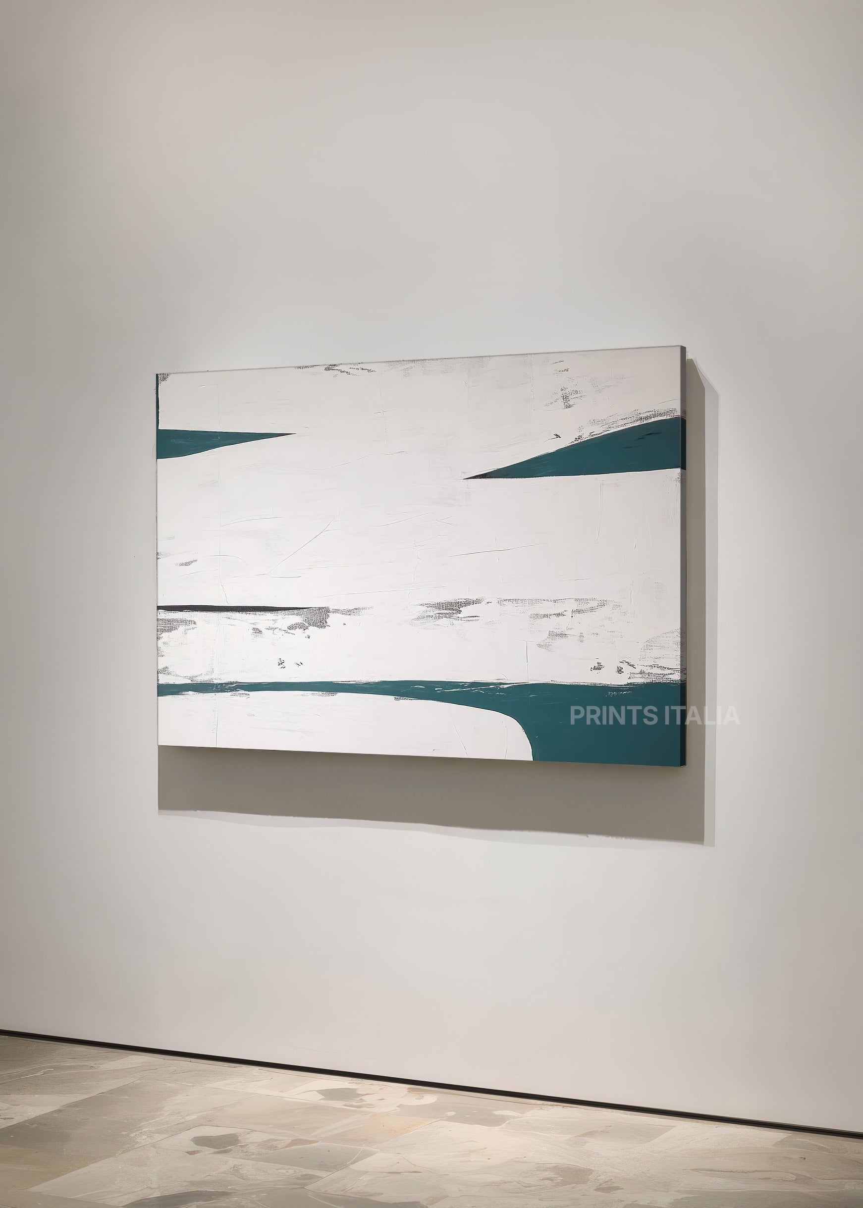 Unframed ORISA art print featuring minimalist teal and white composition, crisp geometric forms, and subtle surface texture, leaning against a soft neutral wall