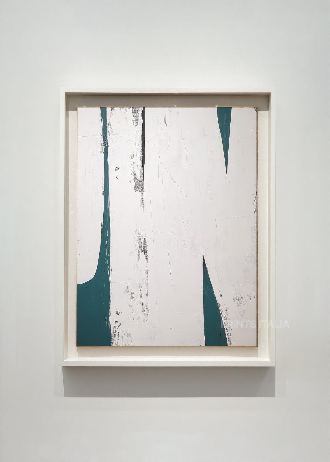 ORISA – framed minimalist abstract art print with bold teal shapes and textured white field, displayed in a modern gallery