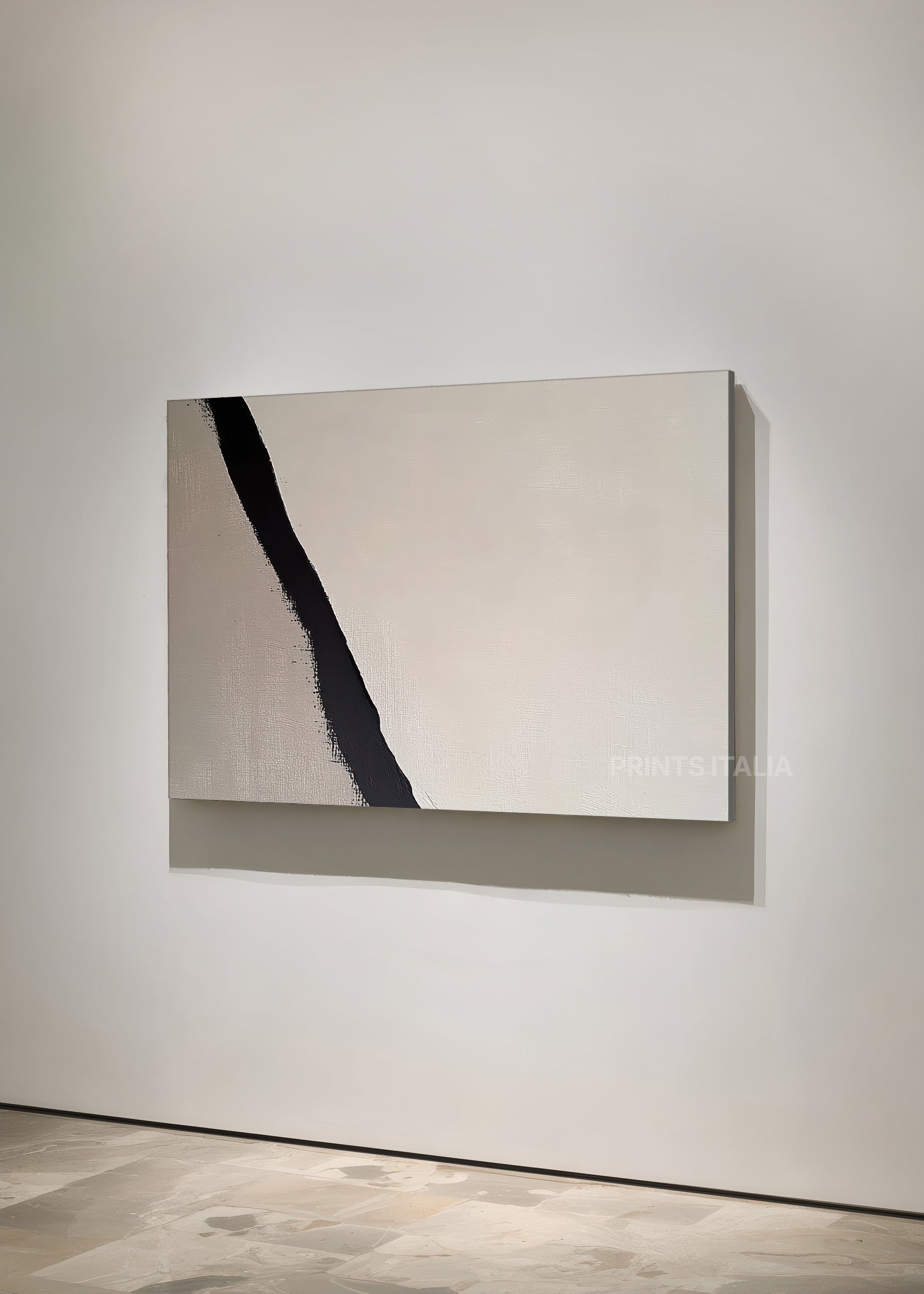 Angled view of ORRIN abstract print – minimalist black and ivory composition with strong contrast