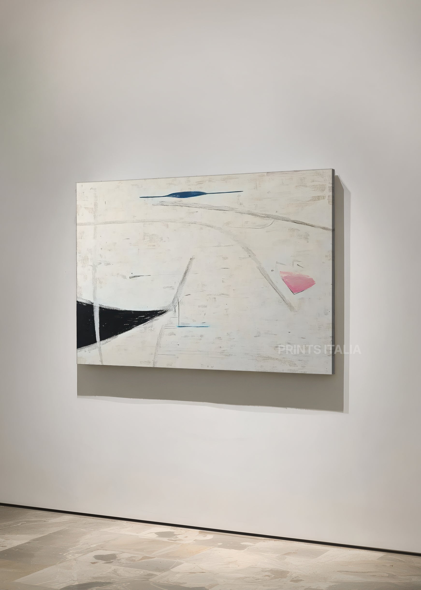 ORUNI print displayed in a contemporary gallery, highlighting its triangular black form and subtle blue-pink details