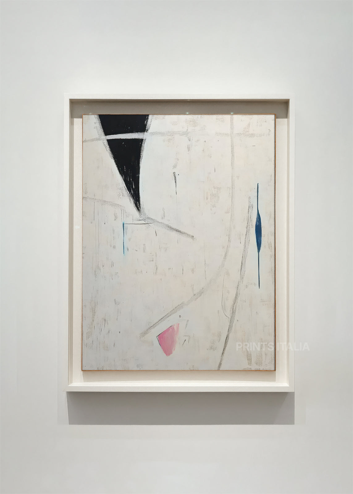ORUNI abstract art print framed – bold black triangle with blue line and pink accent on off-white background