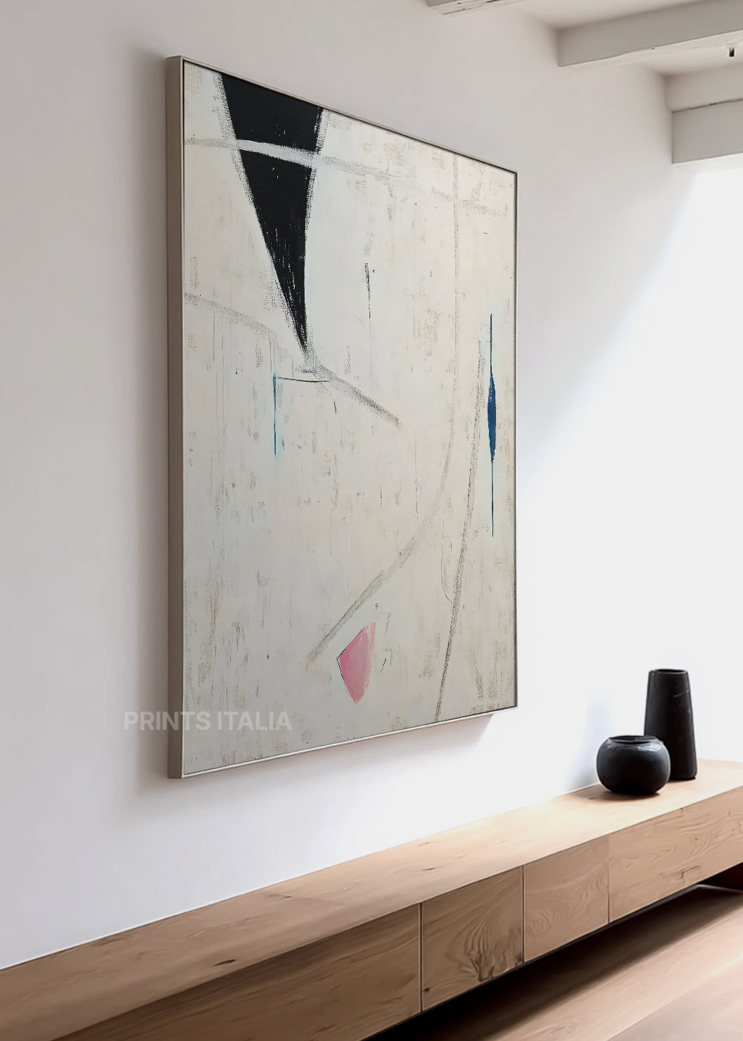 ORUNI abstract print styled in a minimalist space, emphasizing its clean lines and gentle color contrasts