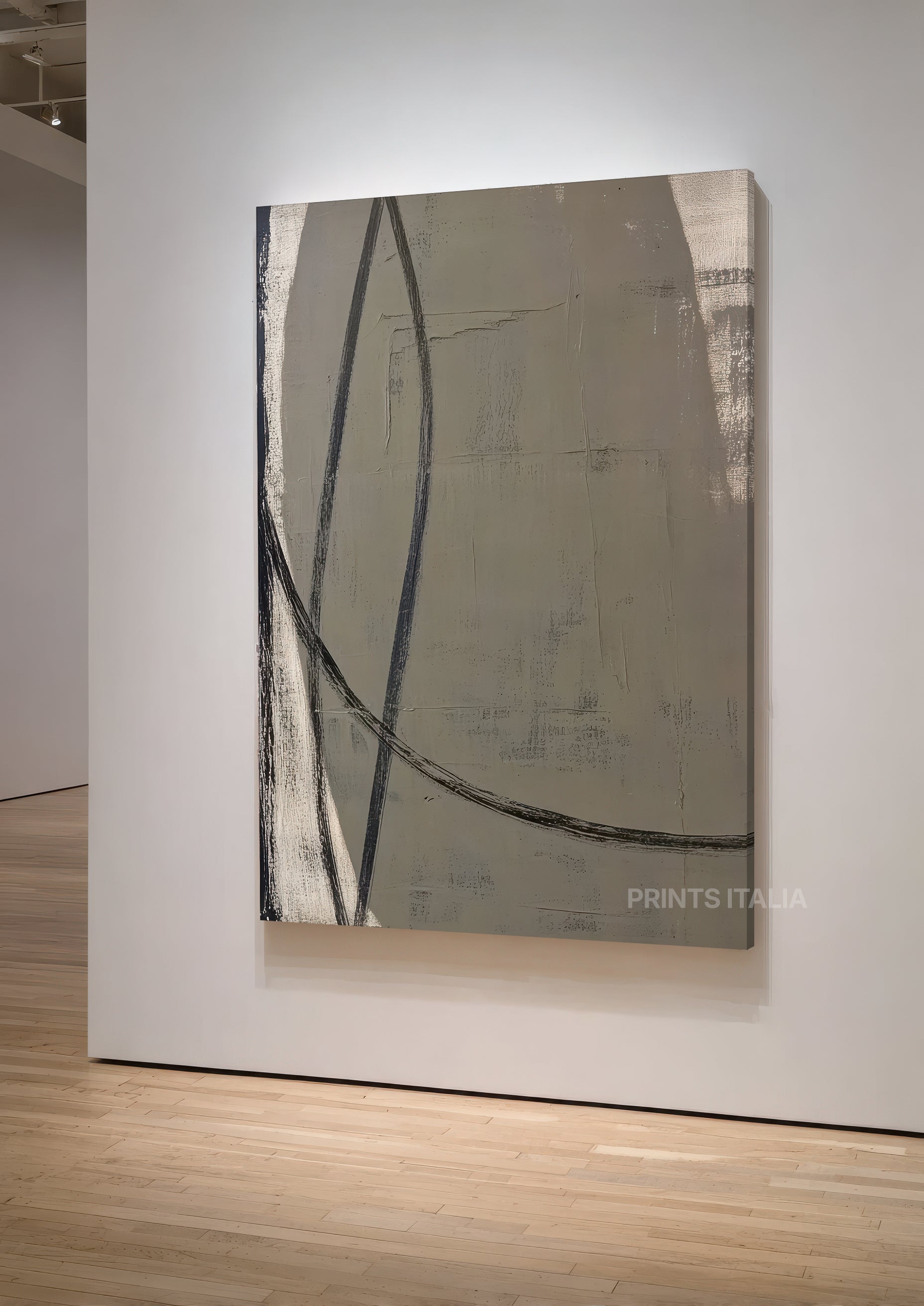 Detail of ORVIA abstract art print showing layered taupe background and expressive linear accents