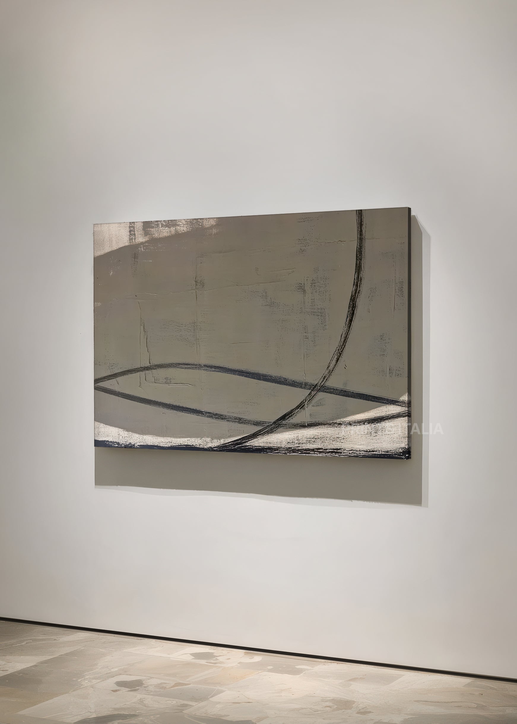 Side view of ORVIA minimalist abstract print – subdued taupe tones with sharp black line