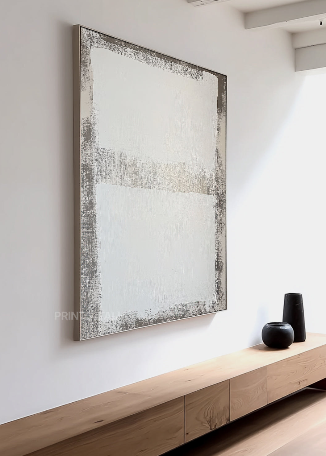 OVREYA print displayed in a contemporary gallery, highlighting its calm white and grey layers