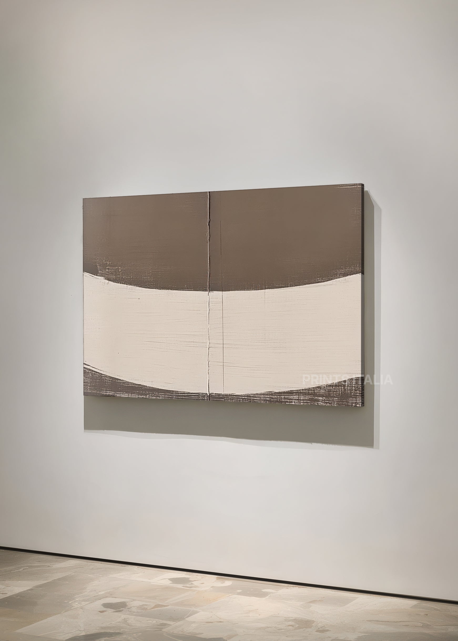 OVRIN print displayed in a contemporary gallery, highlighting its gentle white curve and taupe harmony