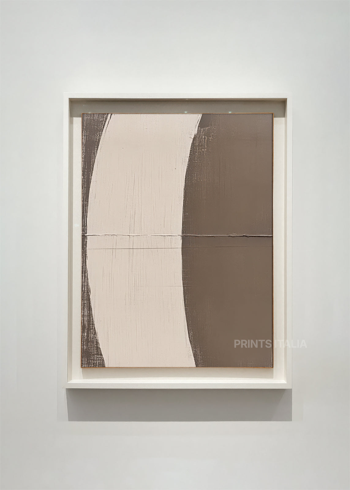 OVRIN abstract art print framed – sweeping white curve dividing soft taupe field with subtle horizontal lines