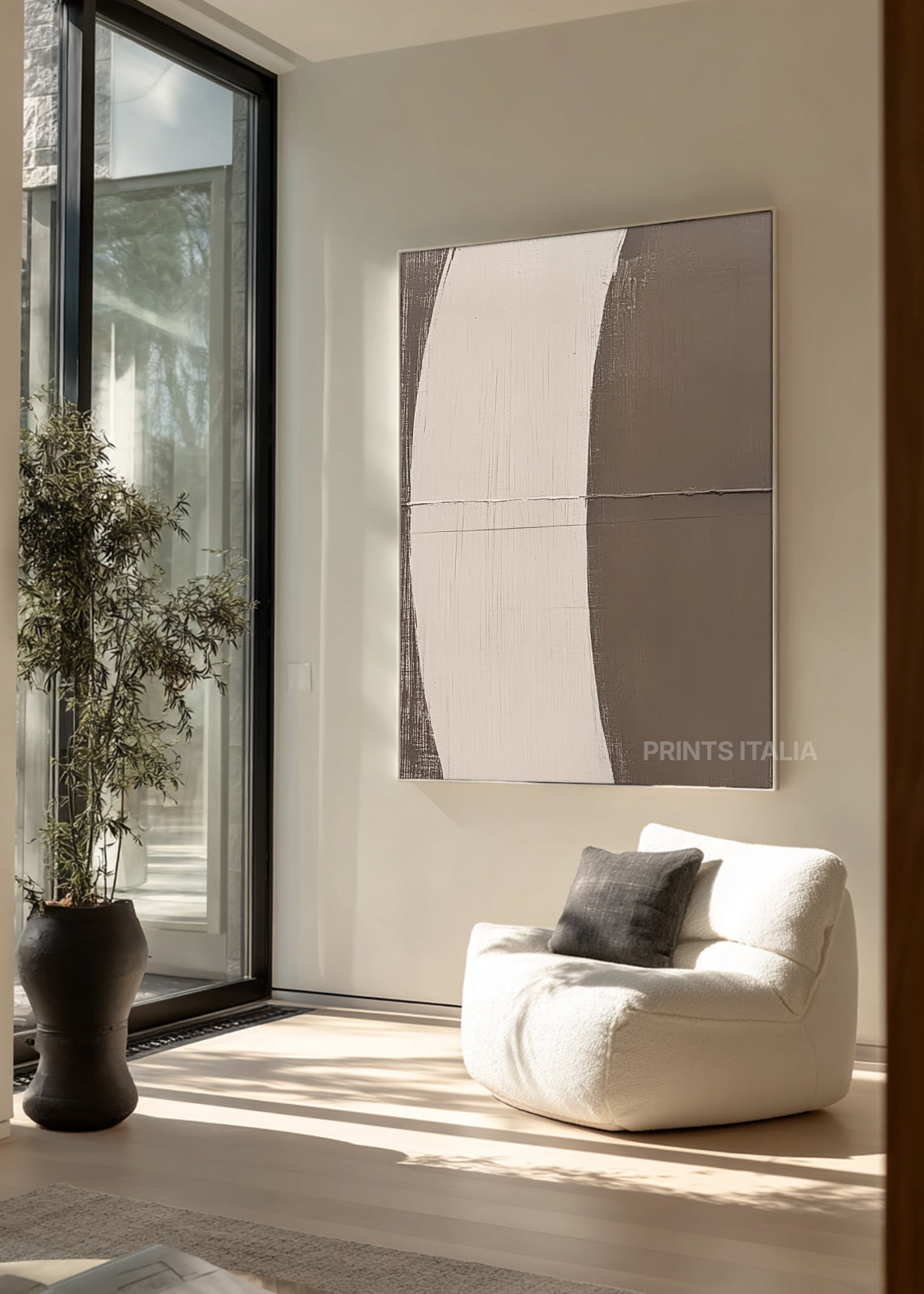 OVRIN abstract print styled in a calm, light-filled space with updated decor, emphasizing its balanced composition and soft palette