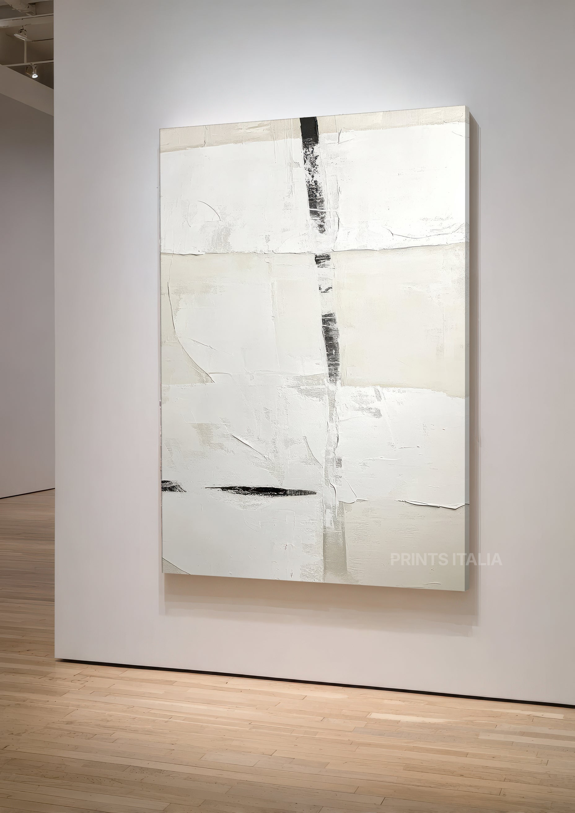 OZIRA print displayed in a minimalist gallery, highlighting its textured white surface and vertical black detail