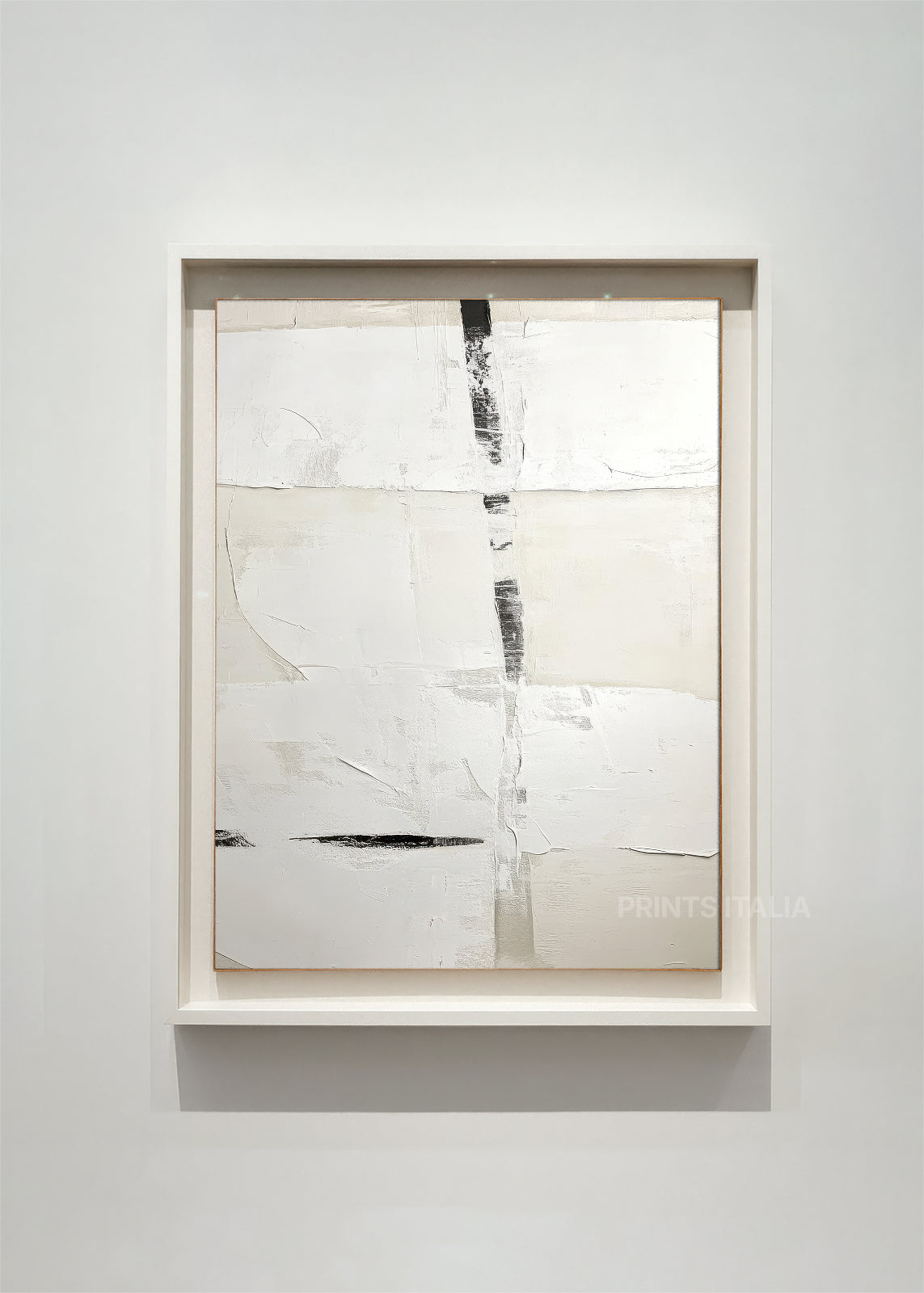 OZIRA abstract art print framed – layered white planes with subtle grey and a single black vertical accent