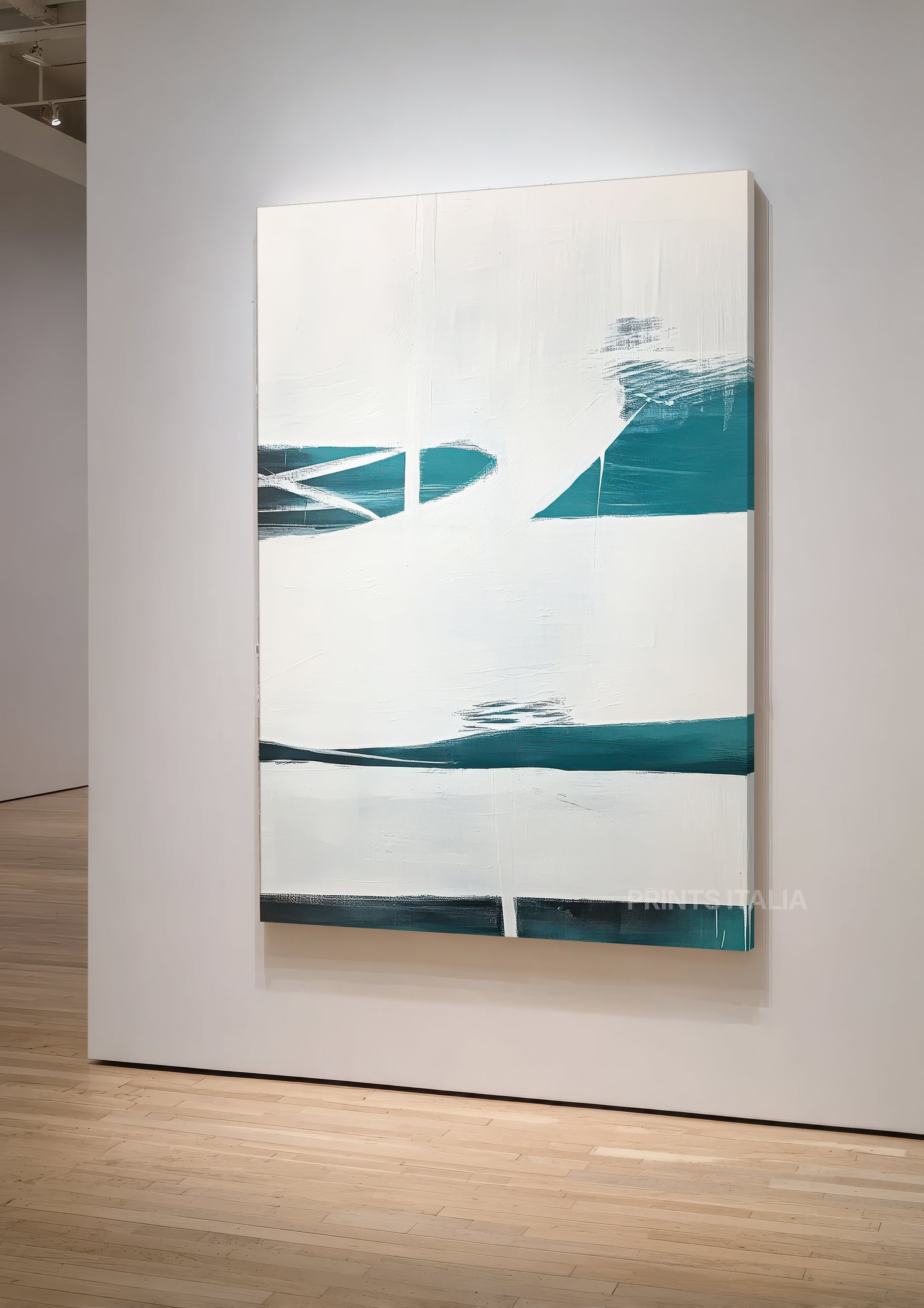 PRAVI print displayed in a modern gallery setting, highlighting its teal and white geometric composition