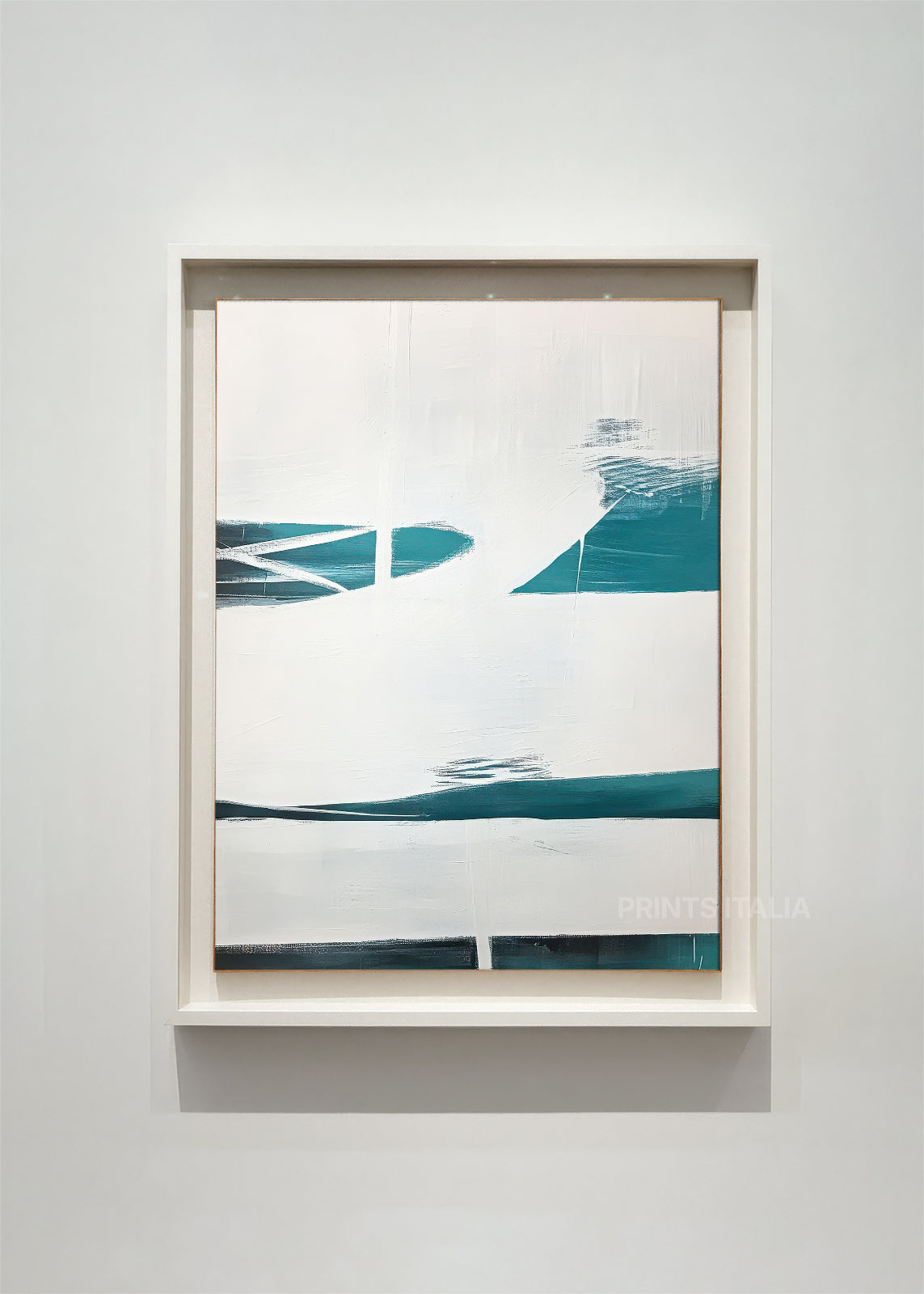 PRAVI abstract art print framed – sweeping teal bands and geometric accents on a crisp white background