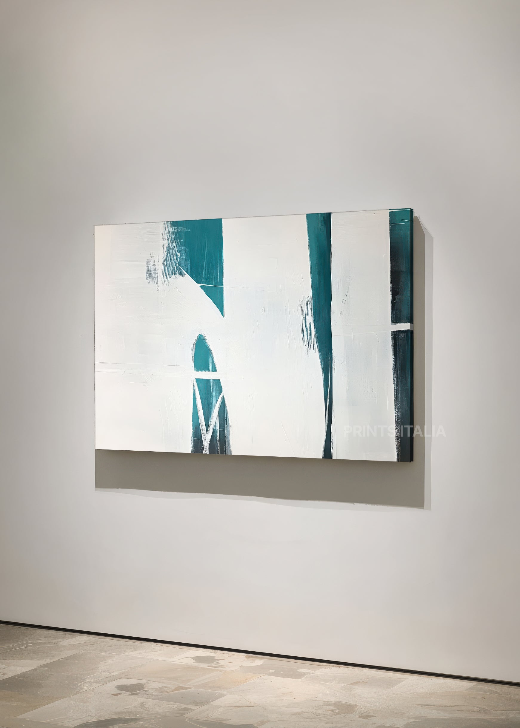 PRAVI abstract print styled in a sunlit, minimalist room, emphasizing its fresh teal and white palette