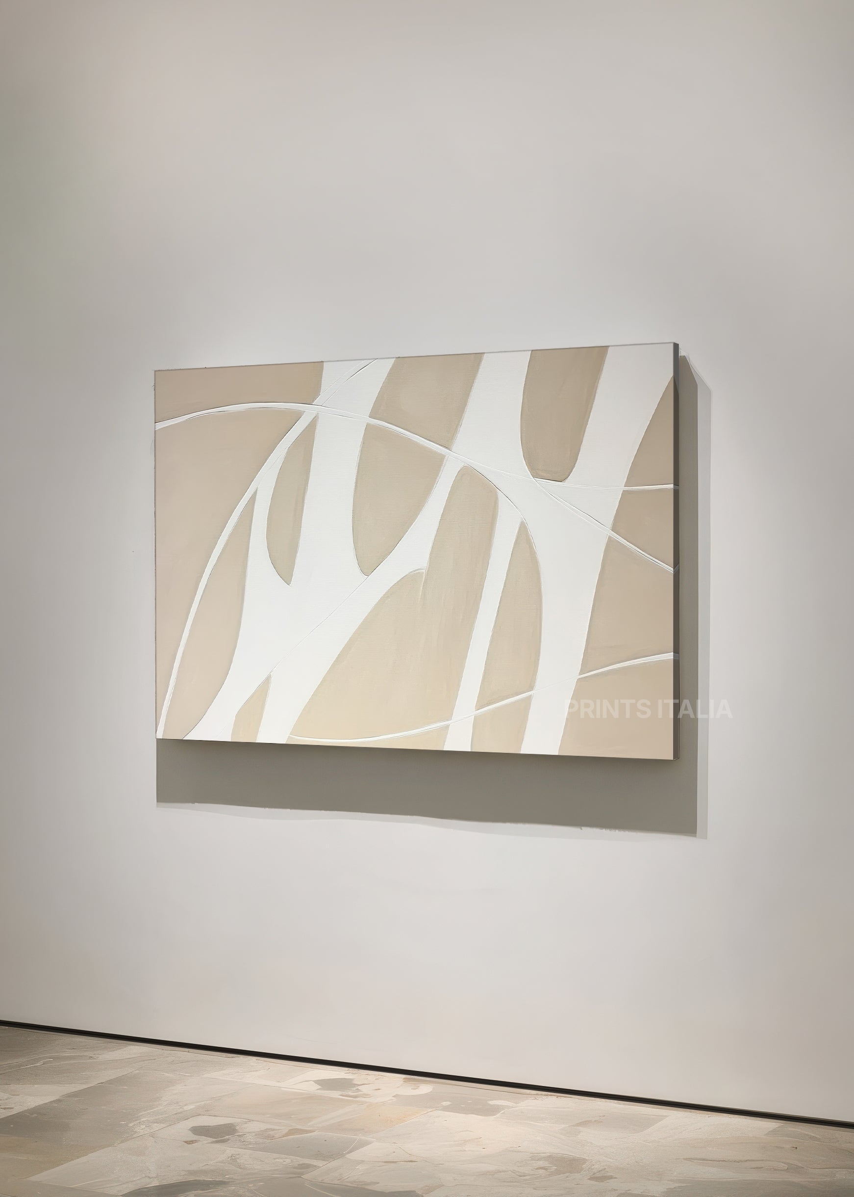 QUENARI print displayed in a contemporary gallery, highlighting its fluid white lines and calming sand palette