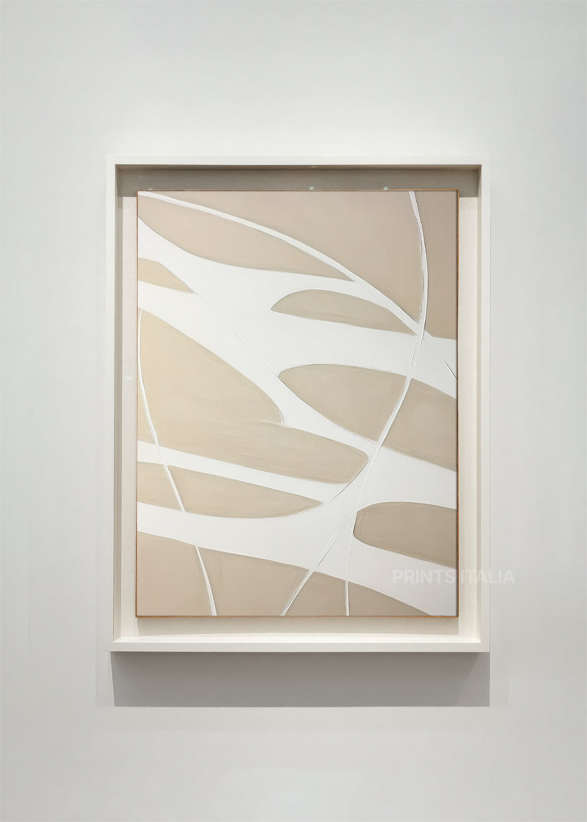 QUENARI abstract art print framed – sweeping white organic shapes and gentle lines on a warm sand background