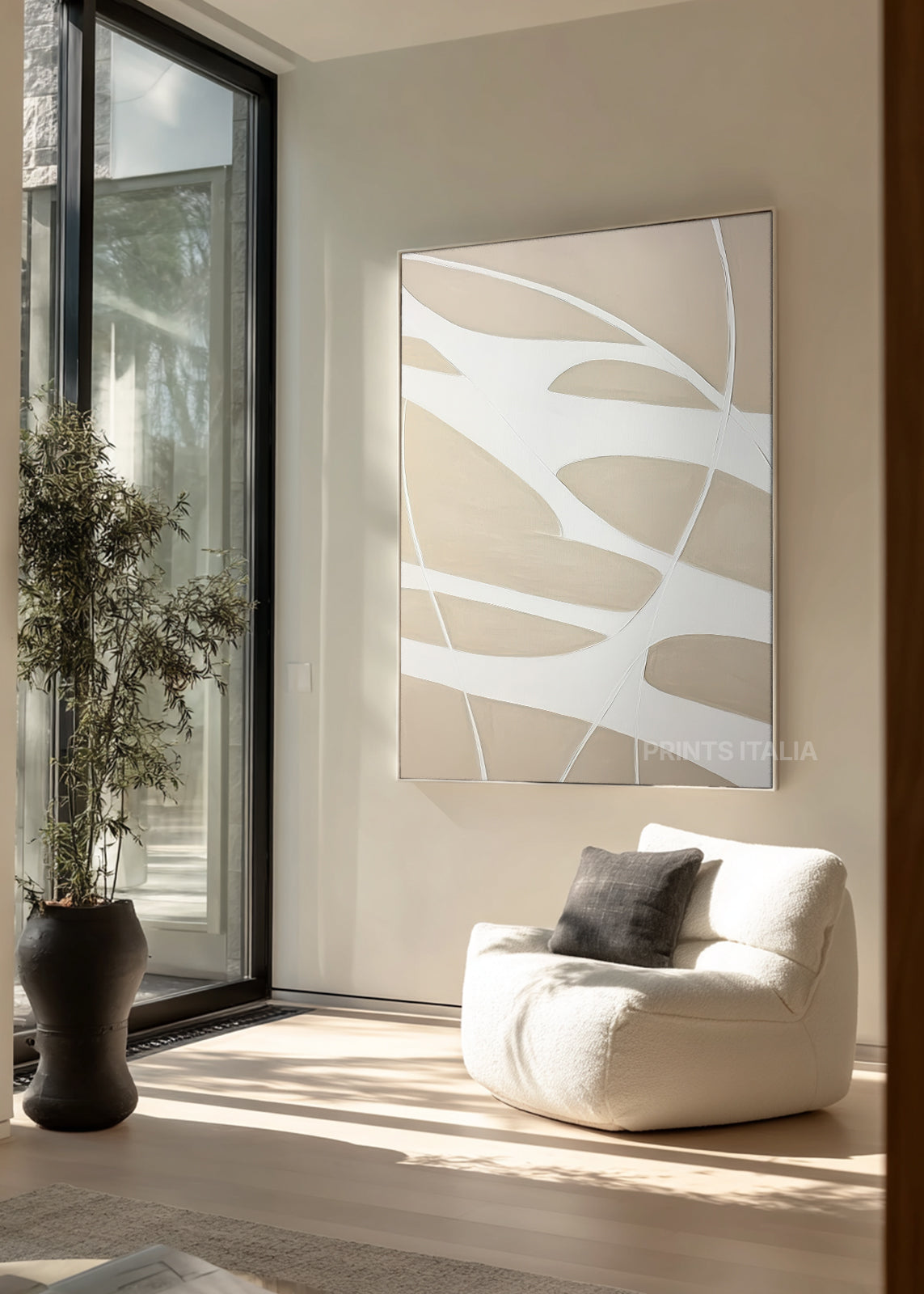 QUENARI abstract print styled in a serene, modern space, emphasizing its gentle forms and organic composition