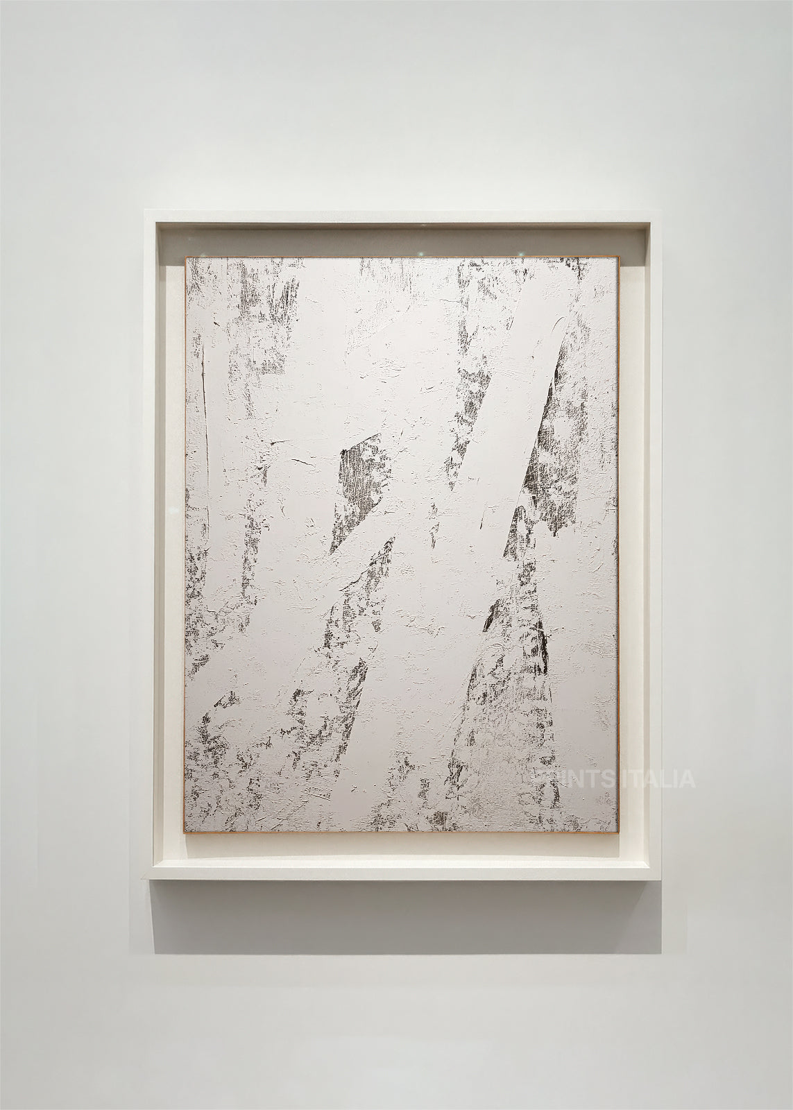 QUENRA abstract art print framed – layered white and grey fields with bold black vertical line