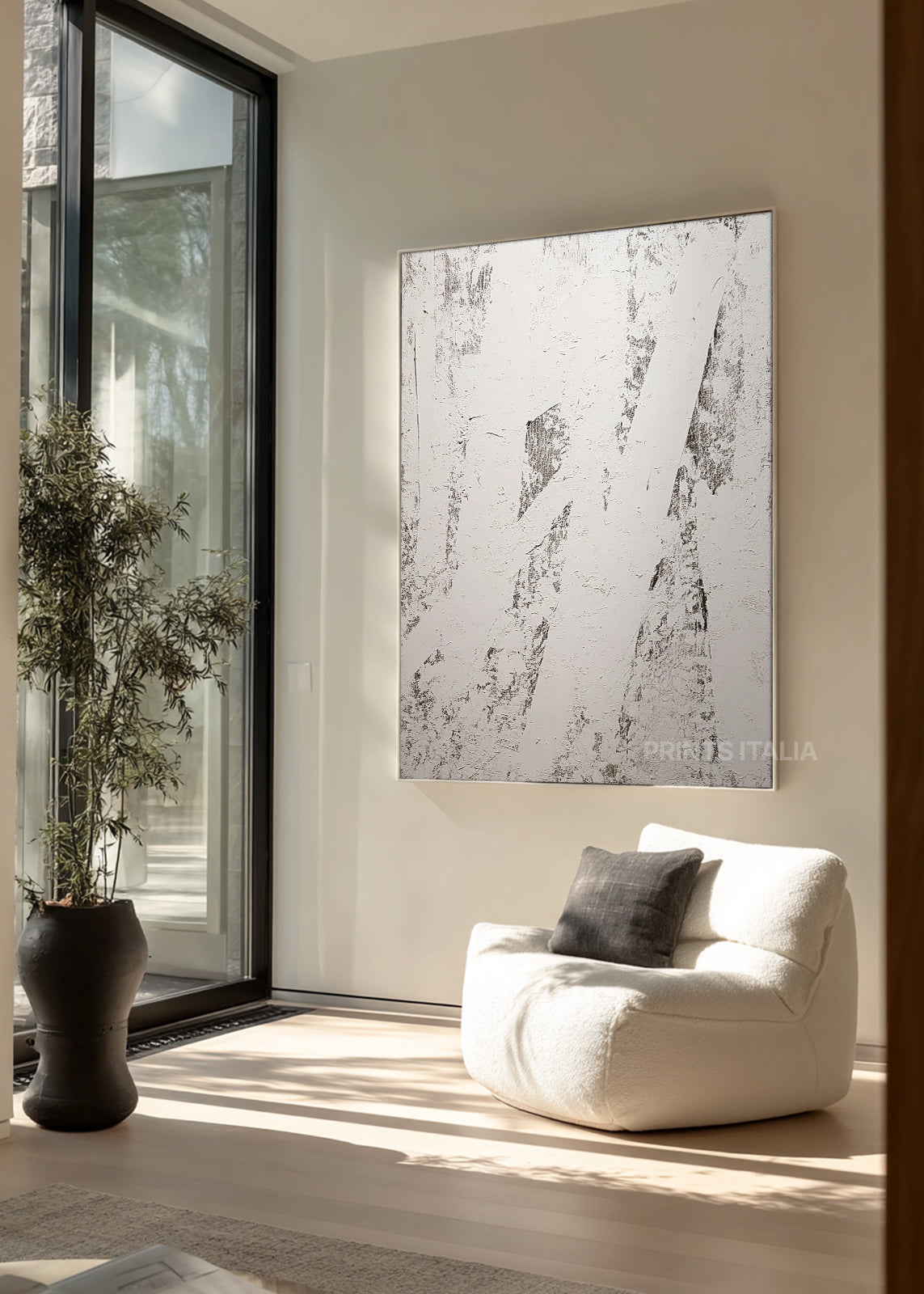 QUENRA abstract print styled in a calm, light-filled space, emphasizing its clean lines and minimalist composition