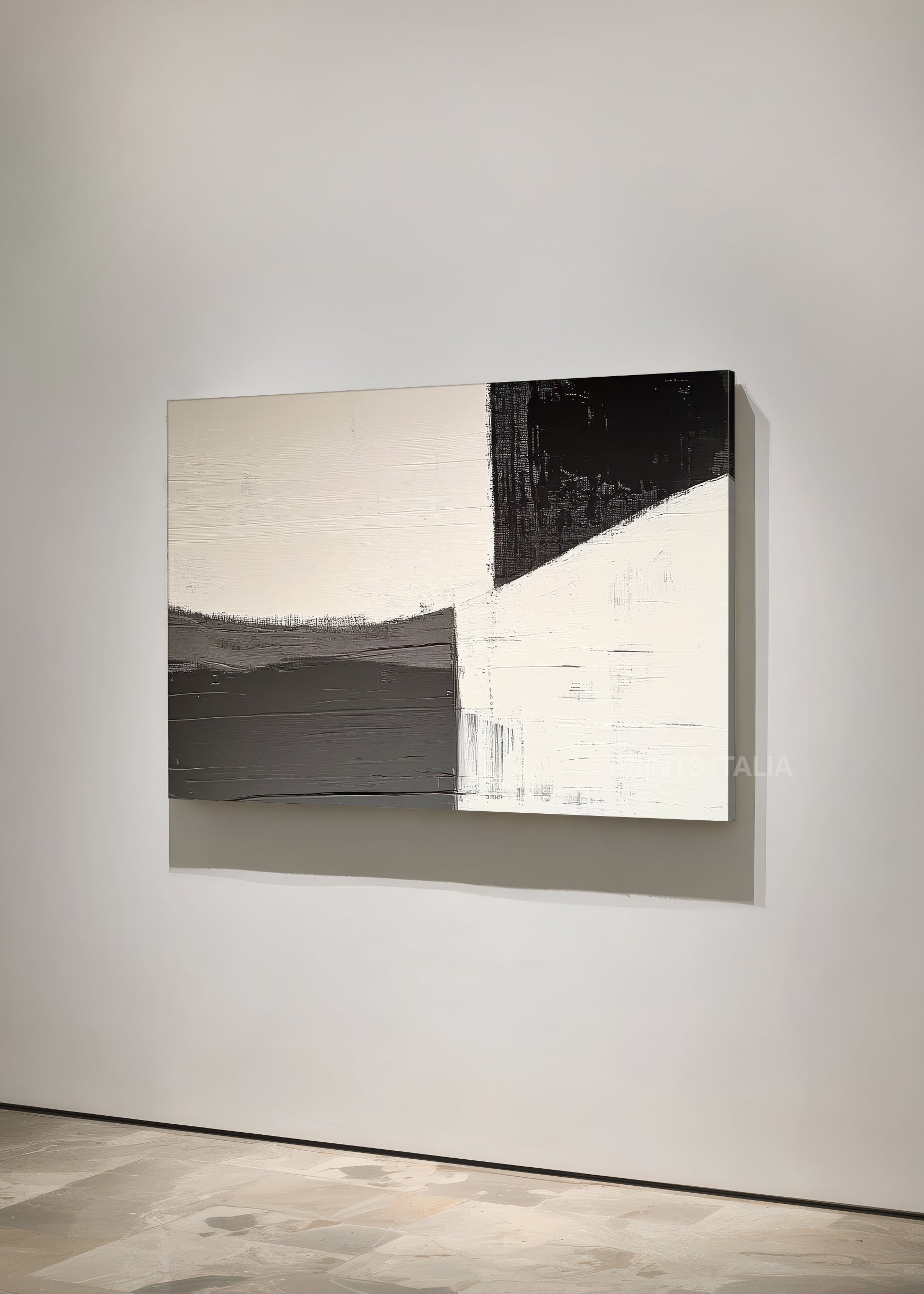 Angled view of RAELI abstract print – modern architectural composition with bold brown, cream, and beige