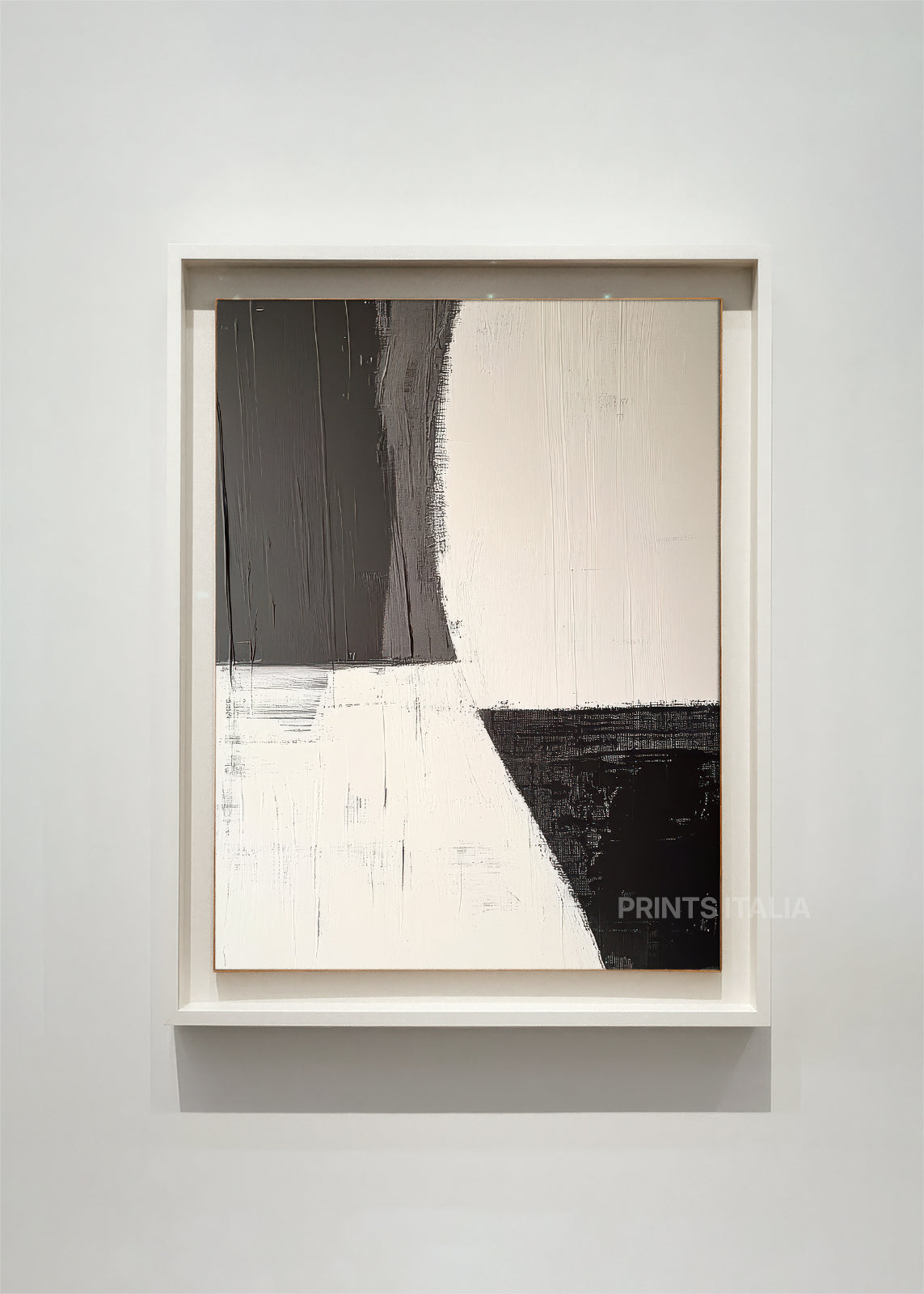RAELI abstract art print framed – bold geometric blocks in charcoal, cream, and beige with architectural composition