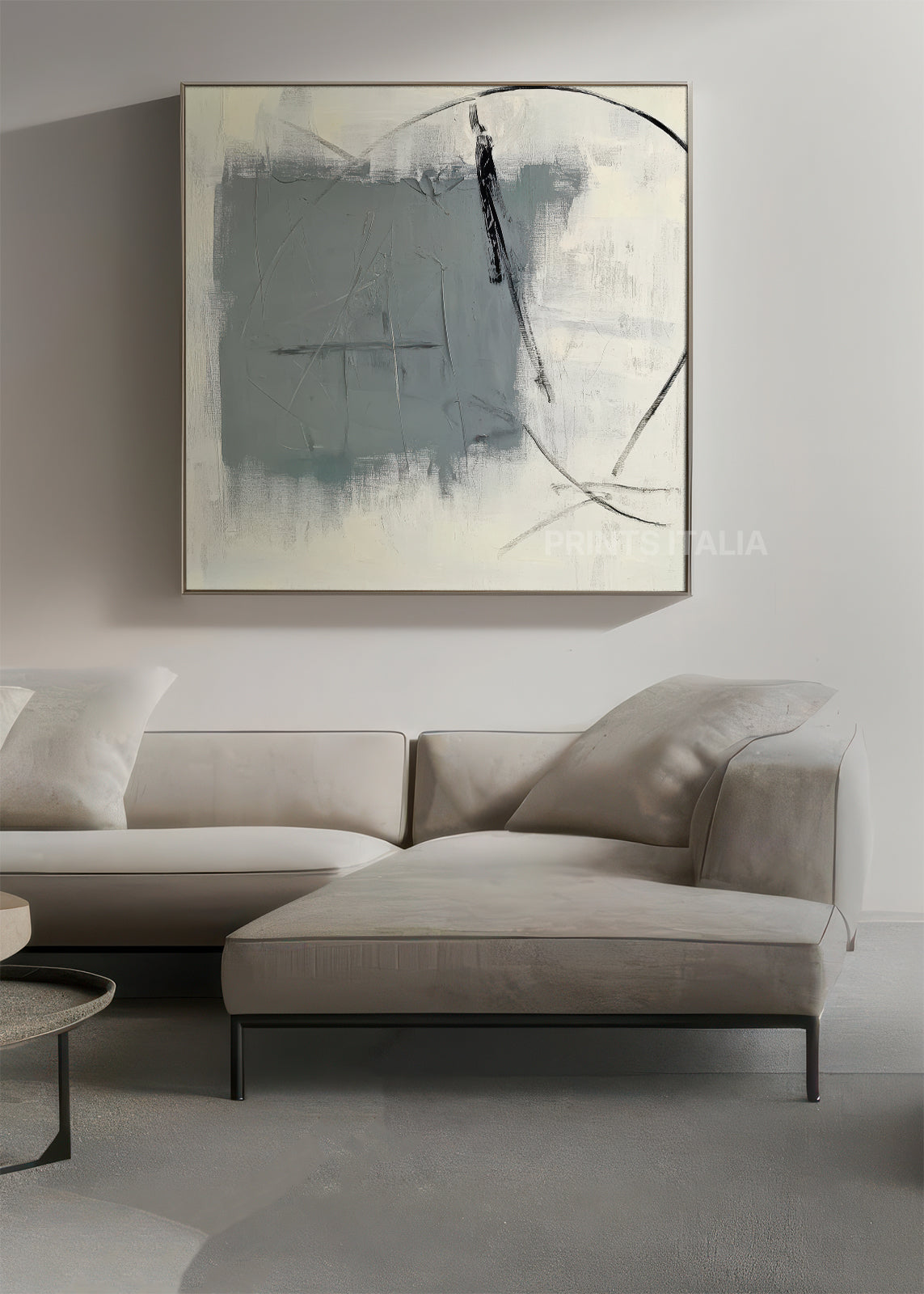 RAVINE square abstract print featuring expressive gray brushwork and sweeping linework