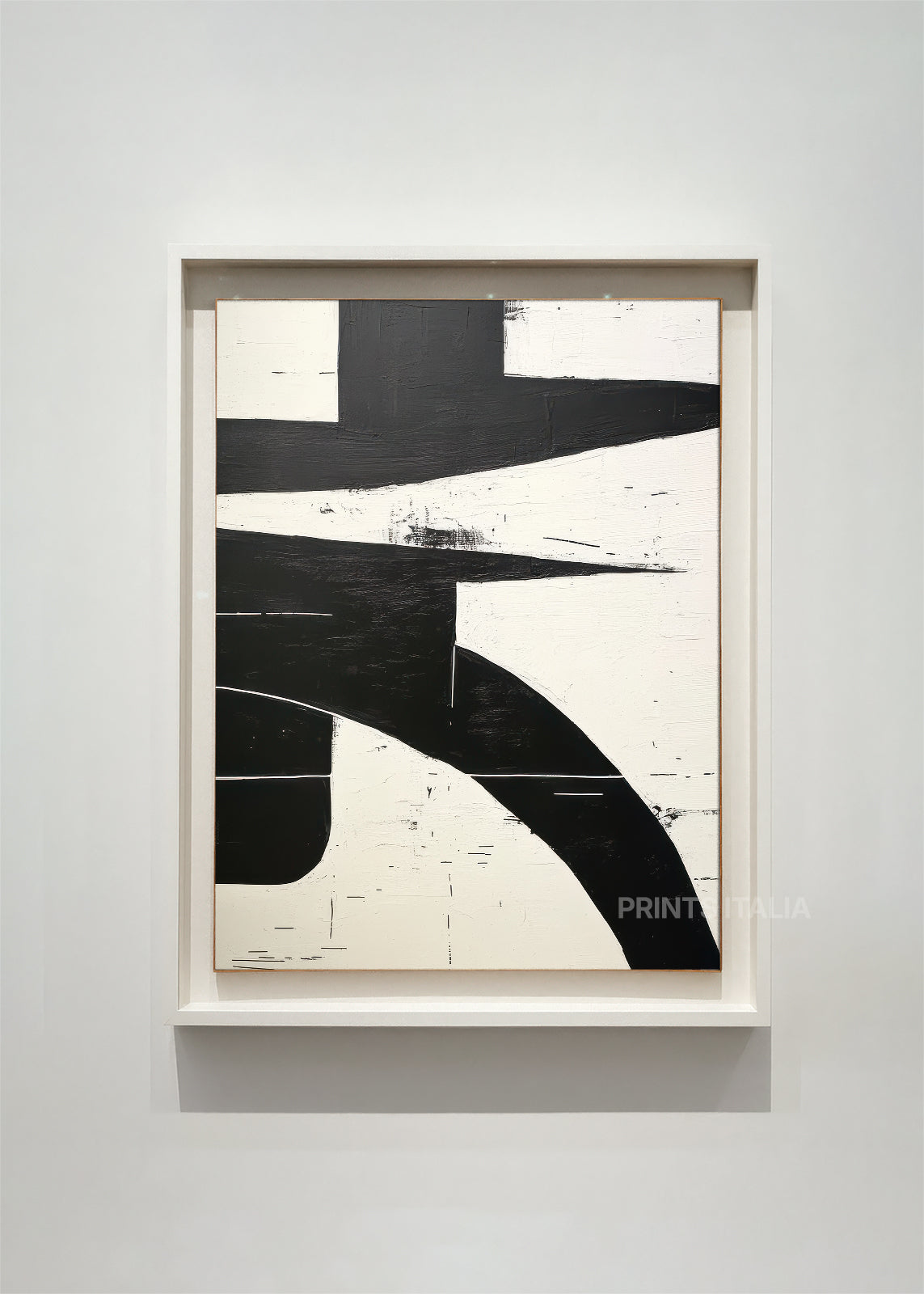 RHELIA abstract art print framed – bold black geometric forms on textured ivory background