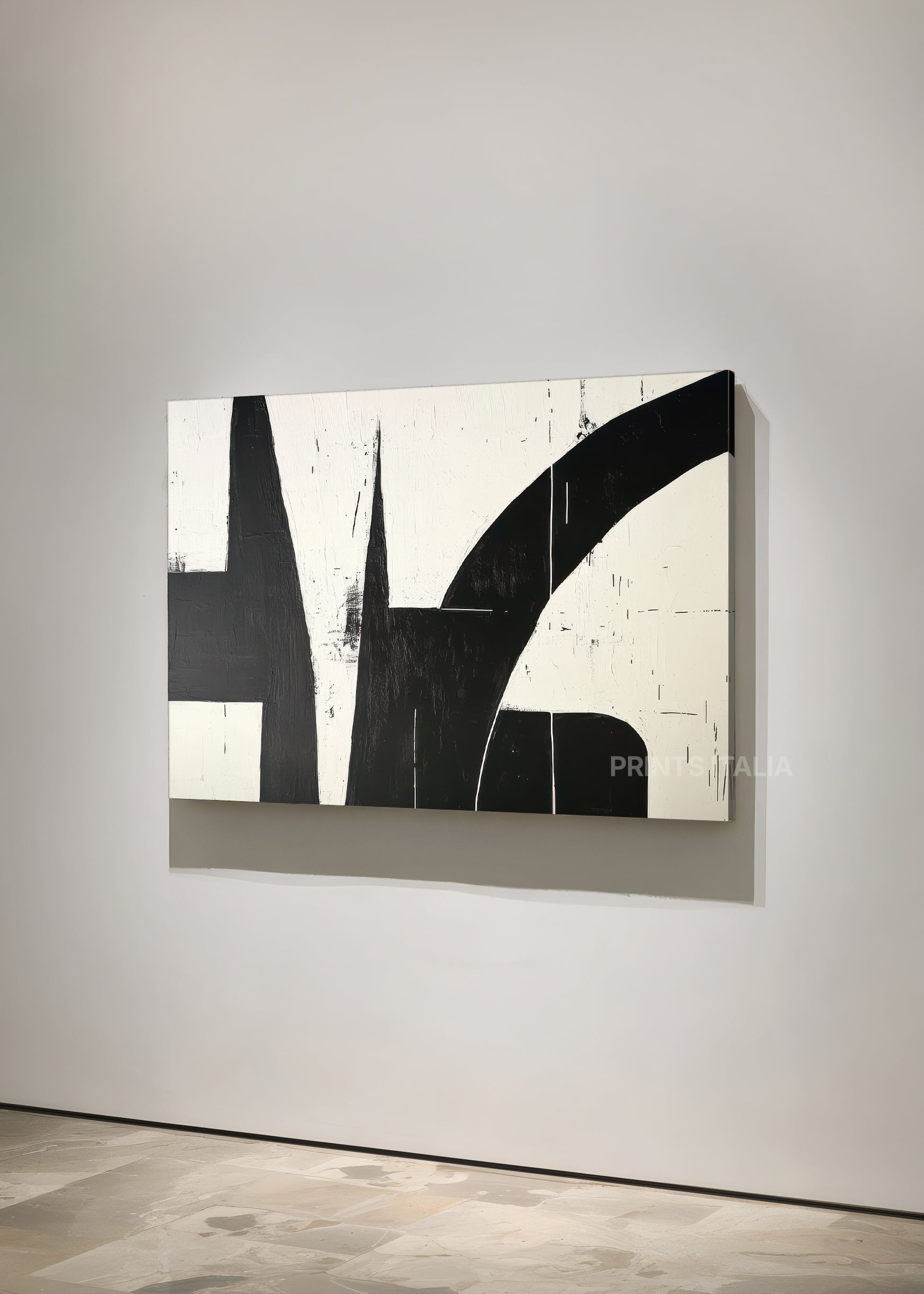 Angled view of RHELIA abstract print – minimalist black and white design with graphic contrasts