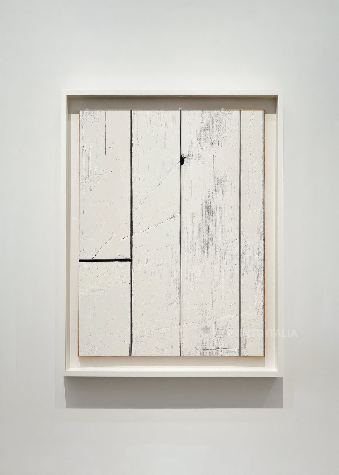 RHEURA abstract art print framed – whitewashed vertical panels with a single bold black accent