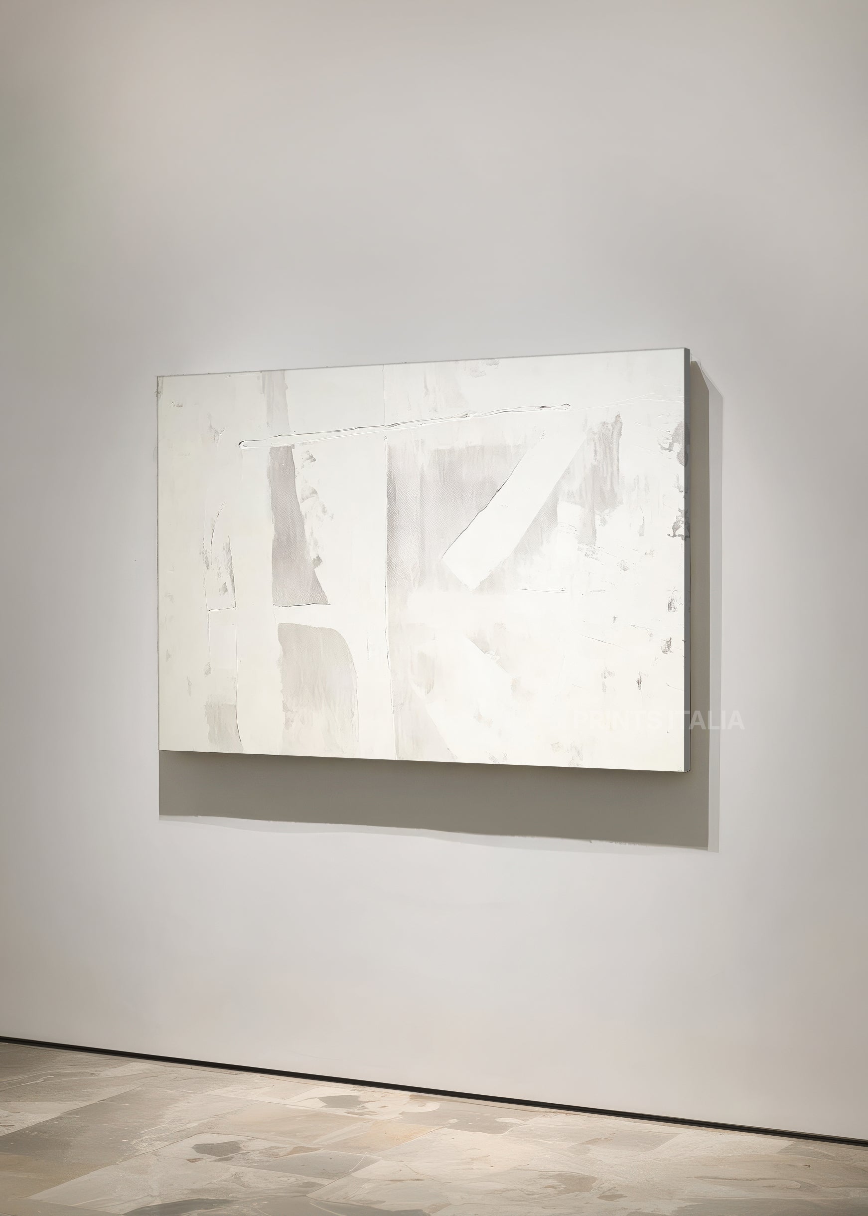 Unframed RHEVON art print featuring minimalist white composition, gentle surface texture, and soft geometric detail, leaning against a neutral wall