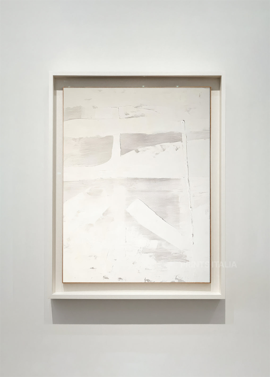 RHEVON – framed minimalist abstract art print with luminous white layers, subtle texture, and faint geometric marks, displayed in a modern gallery setting - digital download