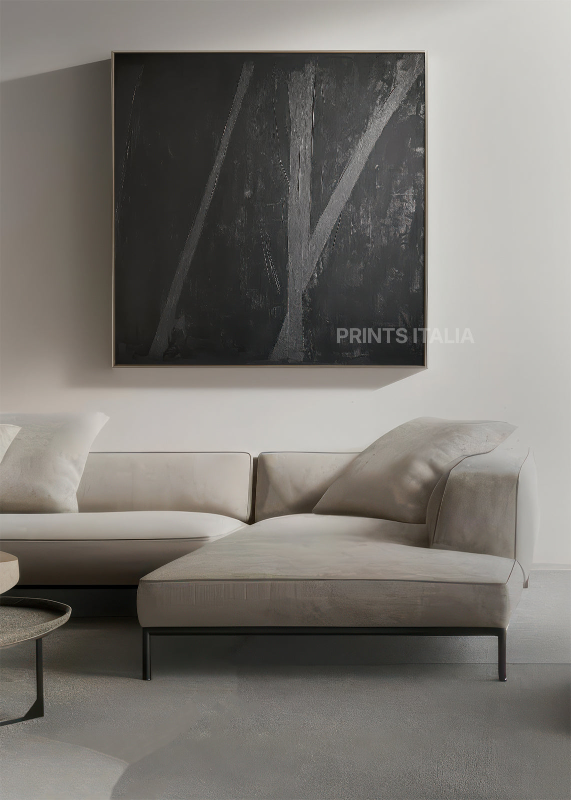 RIMA print showing rich charcoal surface, layered brushwork, and shimmering gray line details with subtle shadow play