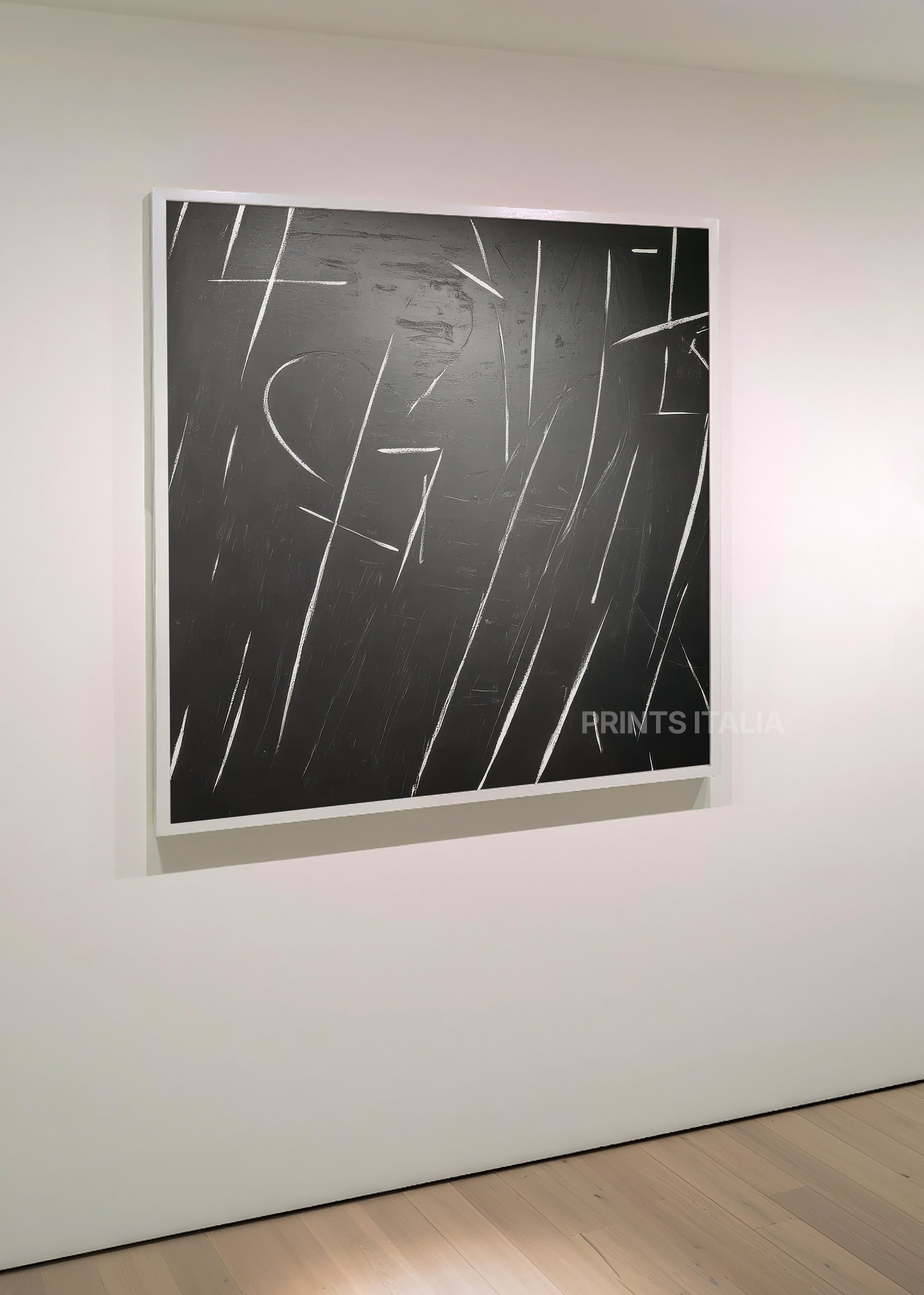 RIMARA print displayed in a minimalist gallery, highlighting its dynamic lines and bold monochrome palette