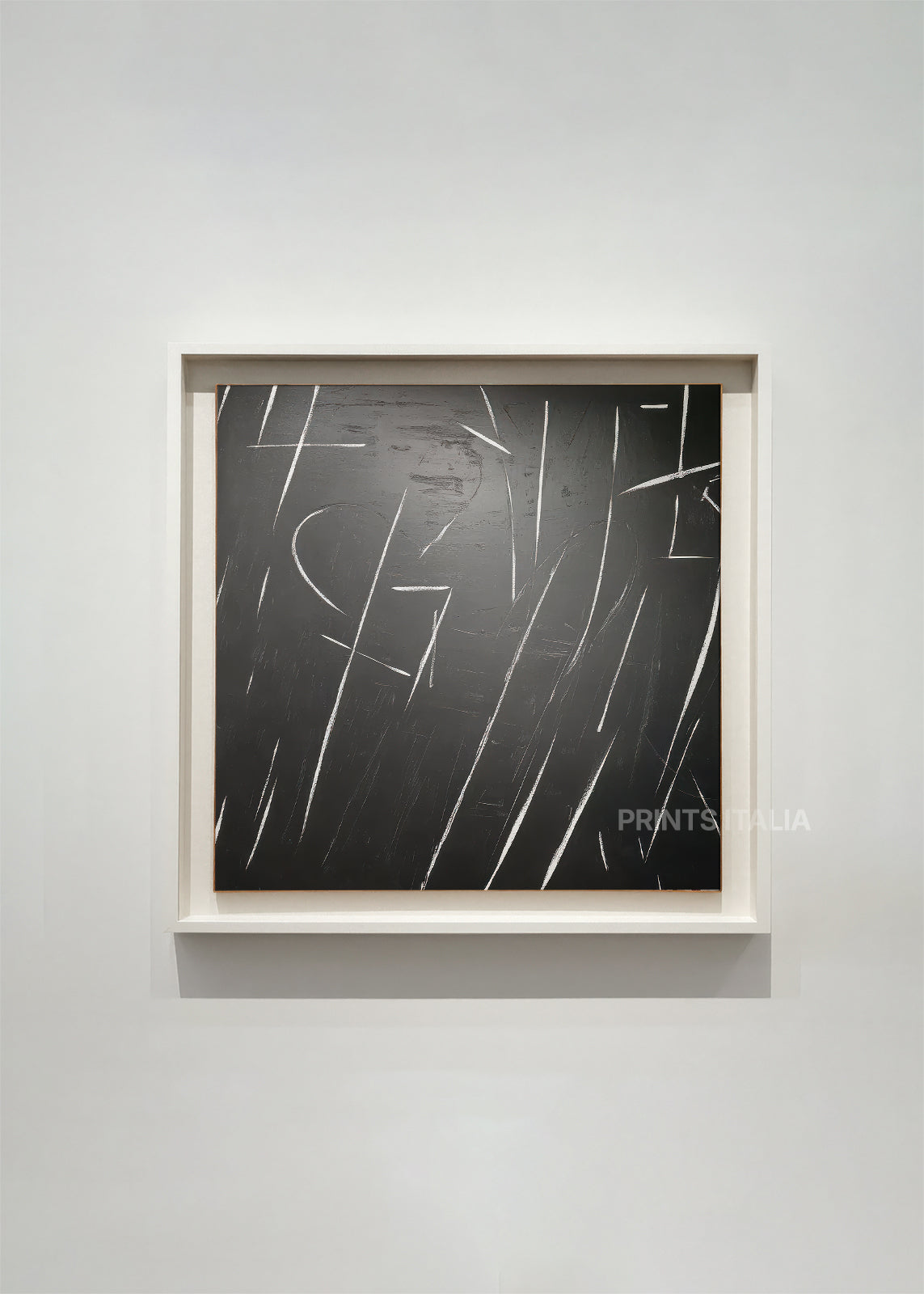 RIMARA abstract art print framed – sweeping slate-grey lines on a deep black background