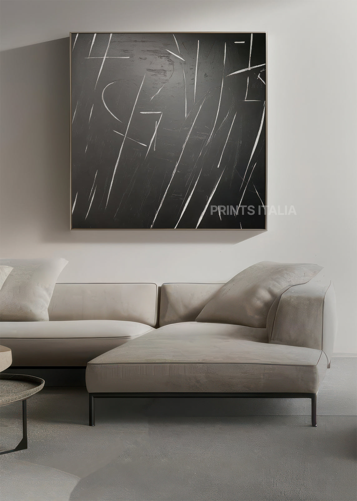 RIMARA abstract print styled in a calm, modern space, emphasizing its graphic gestures and striking contrast
