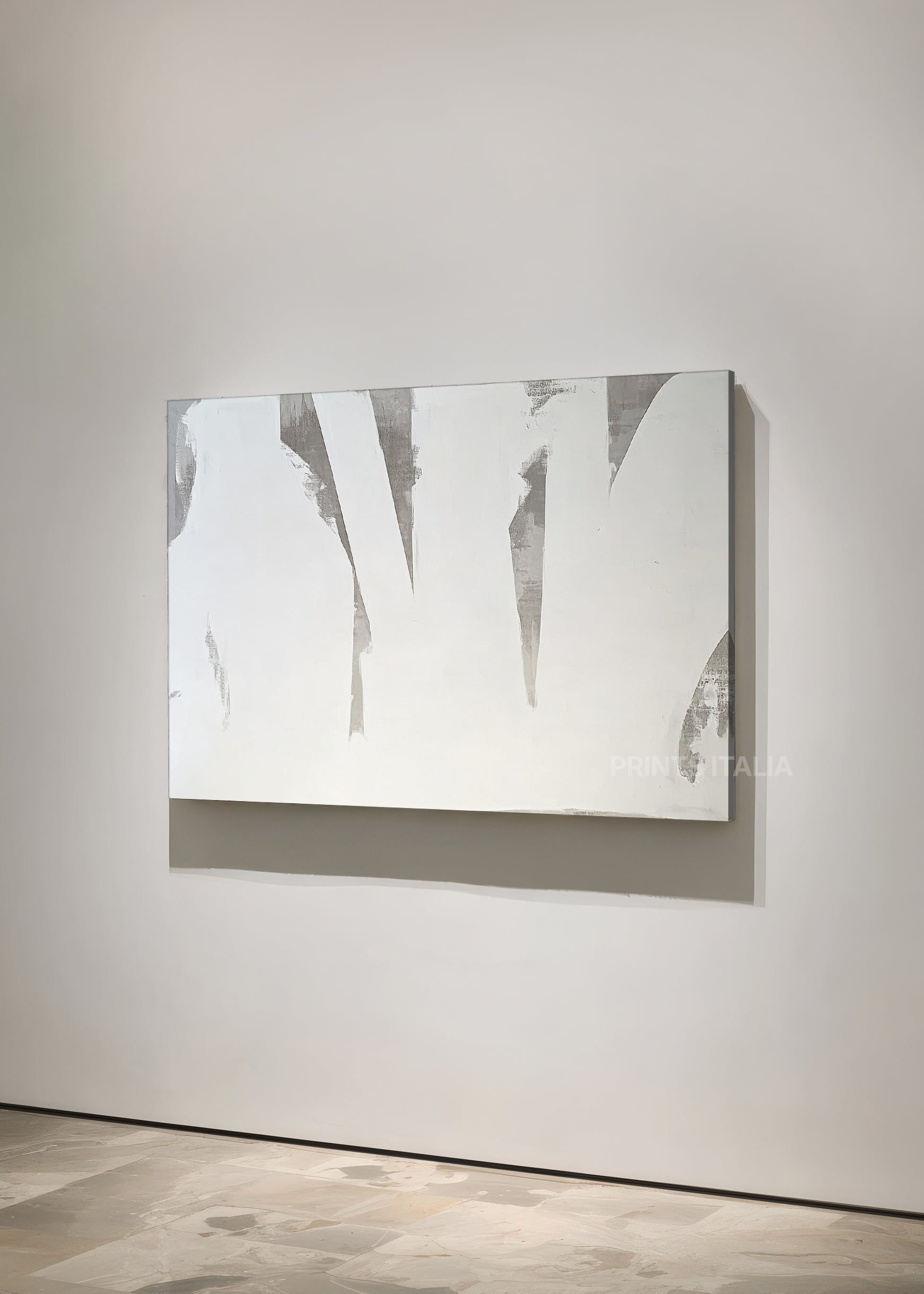 Rina contemporary abstract print styled in modern living room interior with minimalist decor and natural lighting