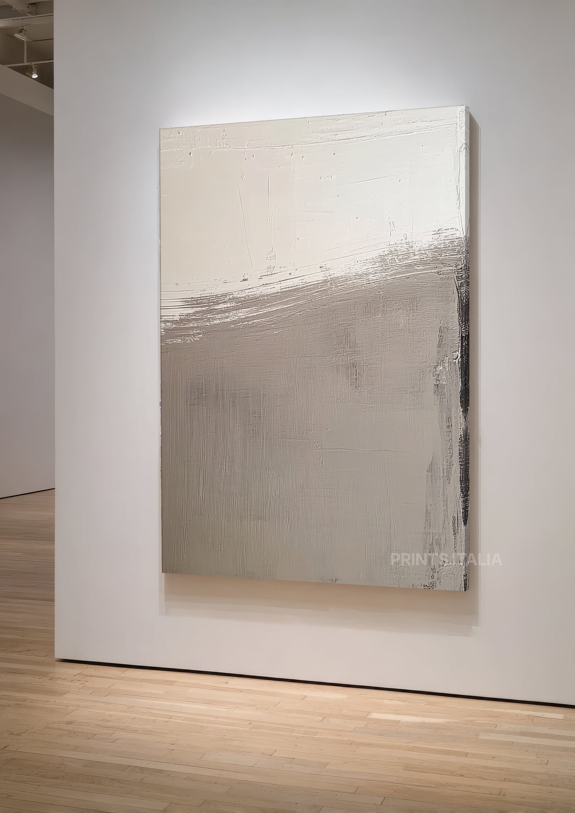 Runa abstract print with textured brushstrokes styled in modern minimalist interior with natural lighting