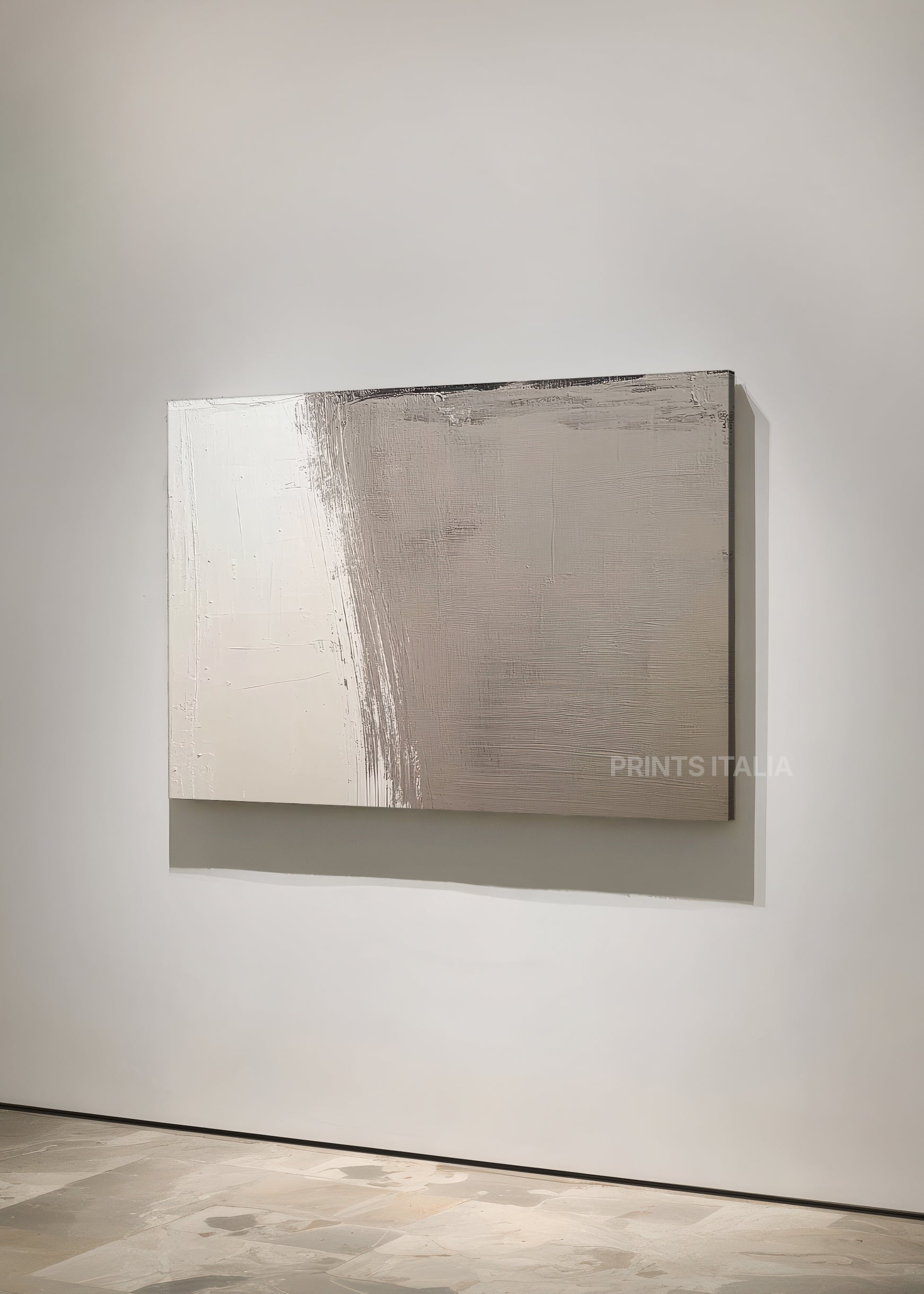 Runa abstract print featuring bold horizontal brushstrokes and layered textures in warm taupe and cream tones