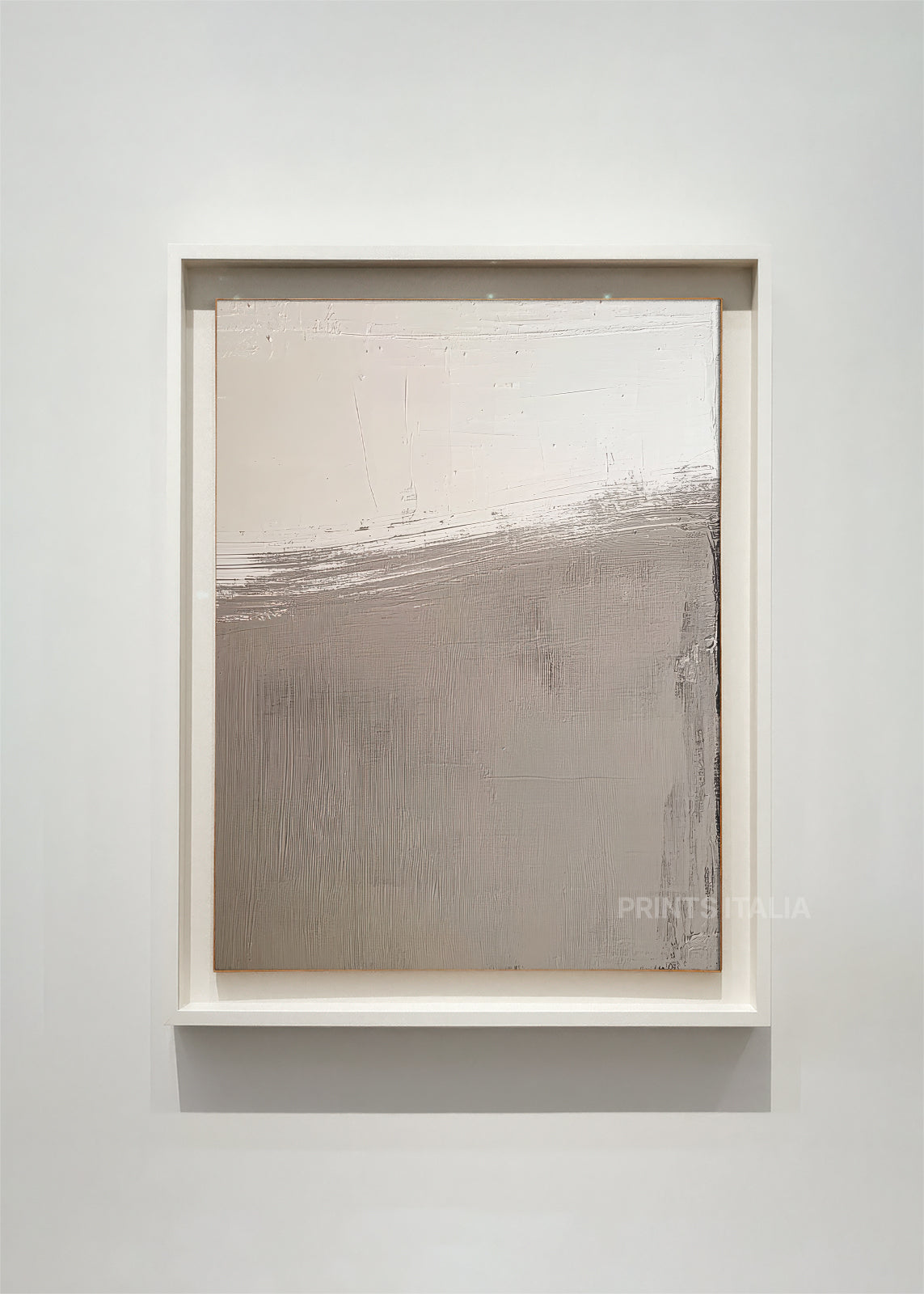 Runa abstract print featuring bold horizontal brushstrokes and layered textures in warm taupe and cream tones