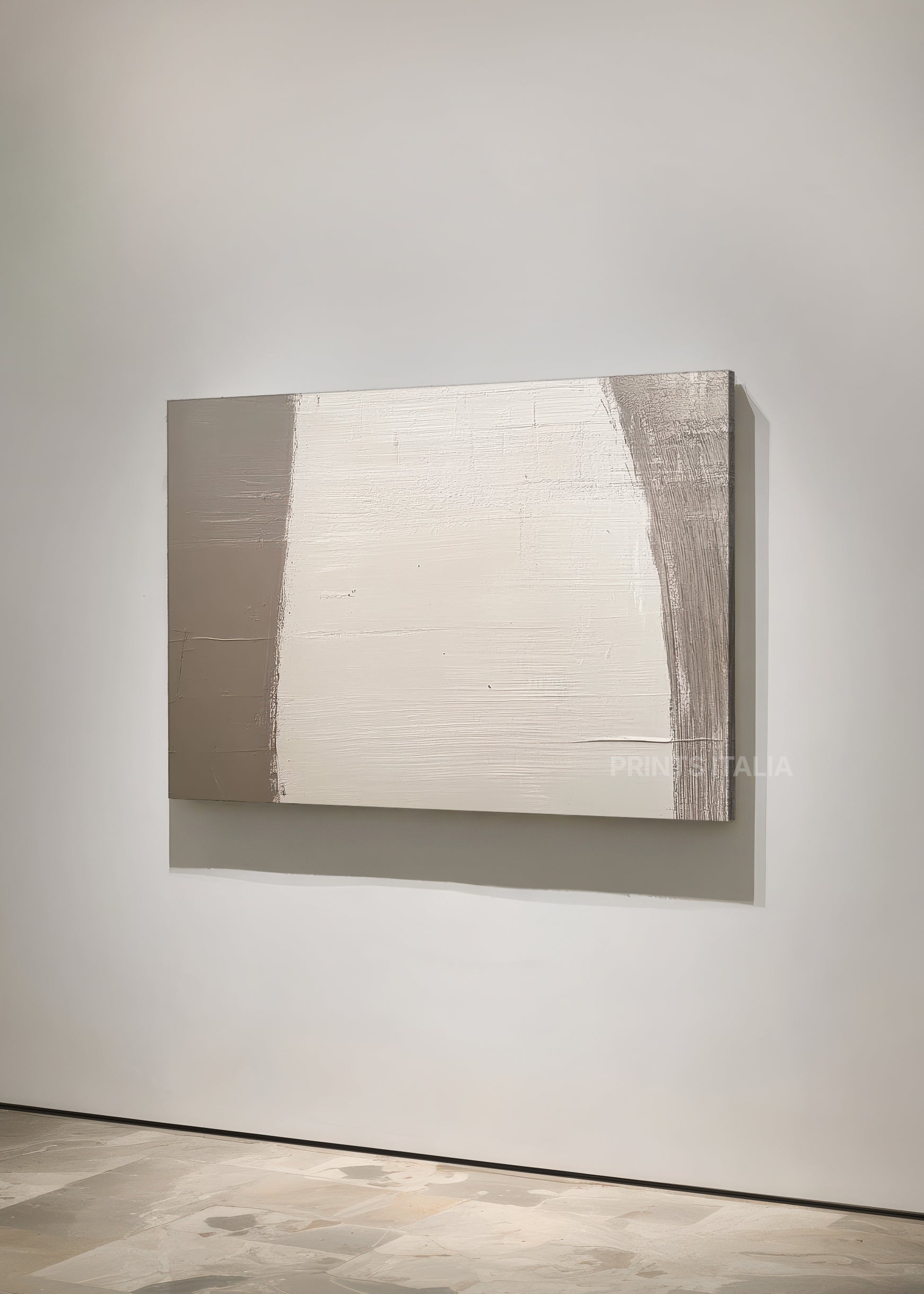 Unframed RUNYA art print featuring minimalist taupe and cream composition, delicate vertical textures, and serene color balance, leaning against a pale neutral wall