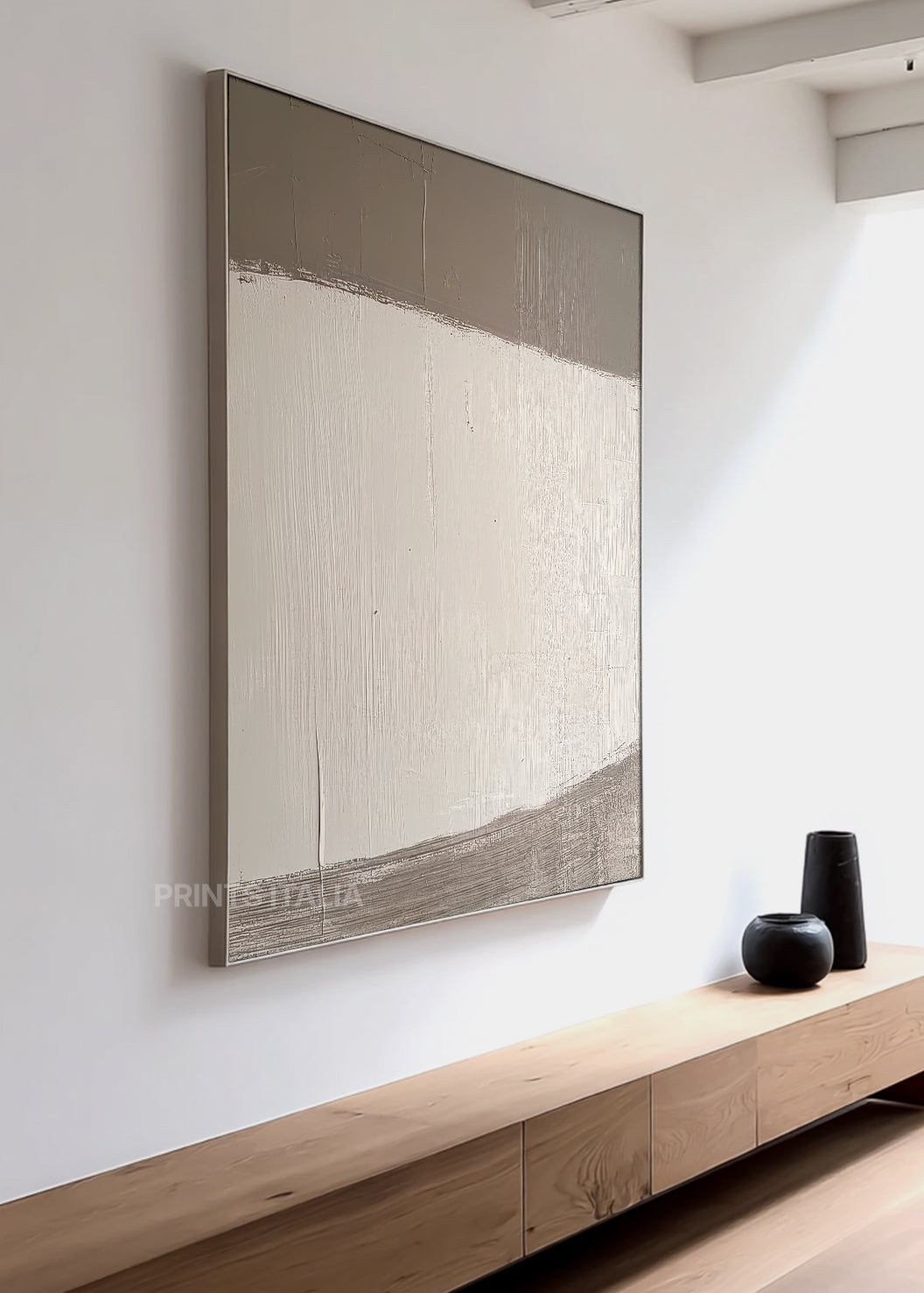 Close-up of RUNYA print showing tactile surface texture, soft taupe gradients, and fine vertical lines illuminated by gentle light