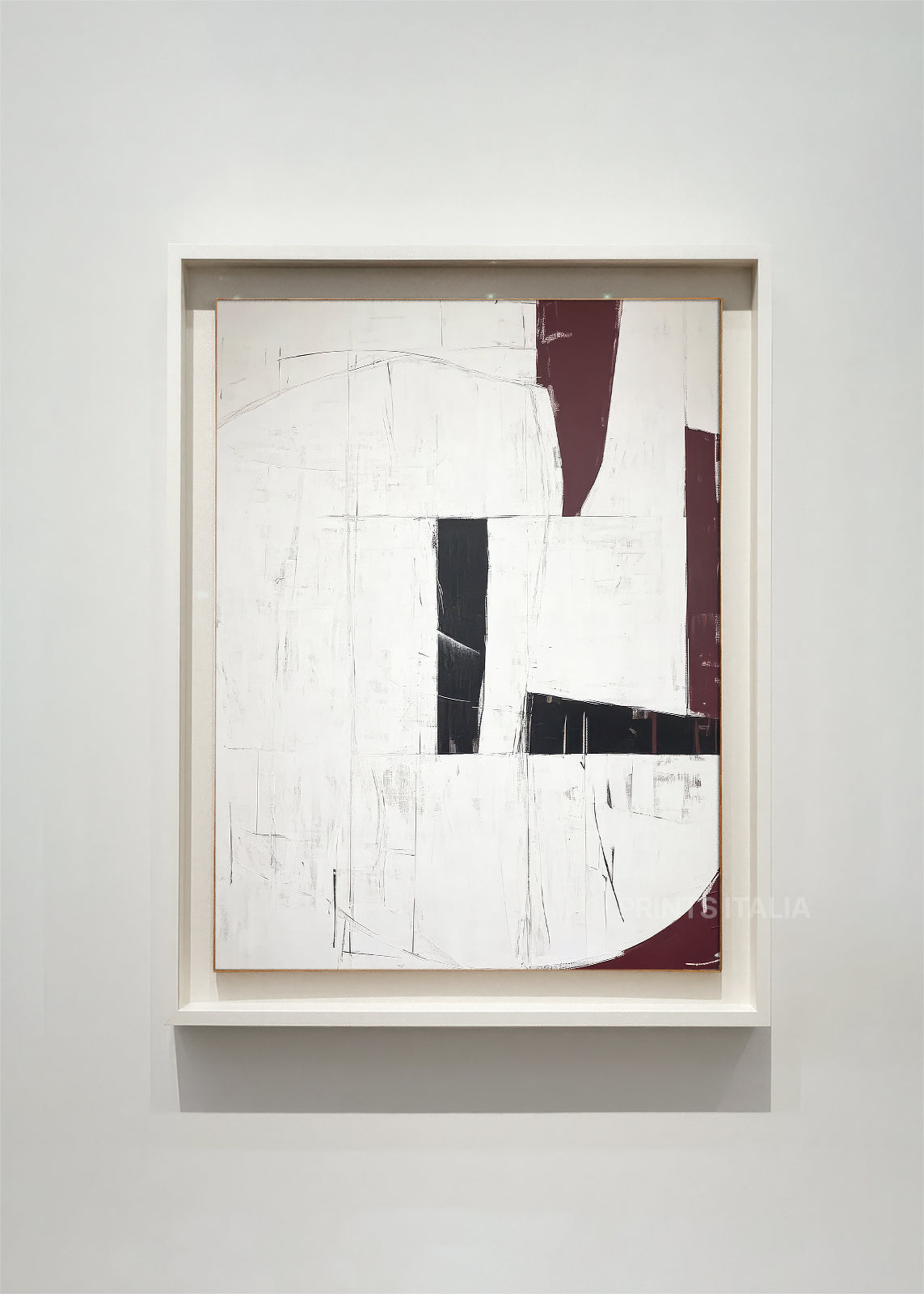 SAPHIS – framed minimalist abstract art print with white, black, and merlot geometric forms, layered texture, and architectural composition, displayed in a modern gallery