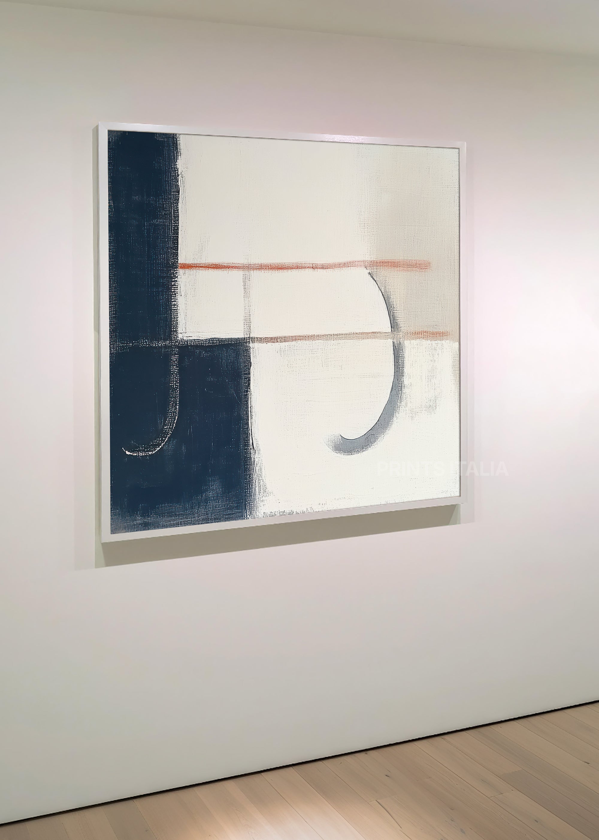 SELMIN print displayed in a contemporary gallery, highlighting its geometric navy forms and subtle terracotta accents