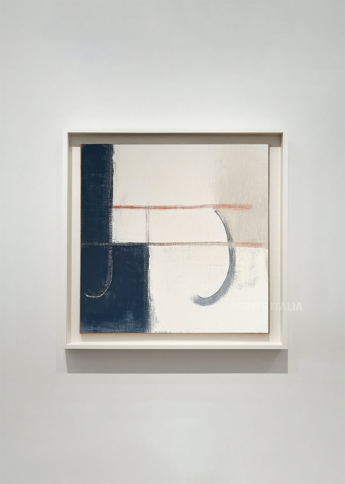 SELMIN abstract art print framed – bold navy block and arc with fine terracotta lines on ivory background