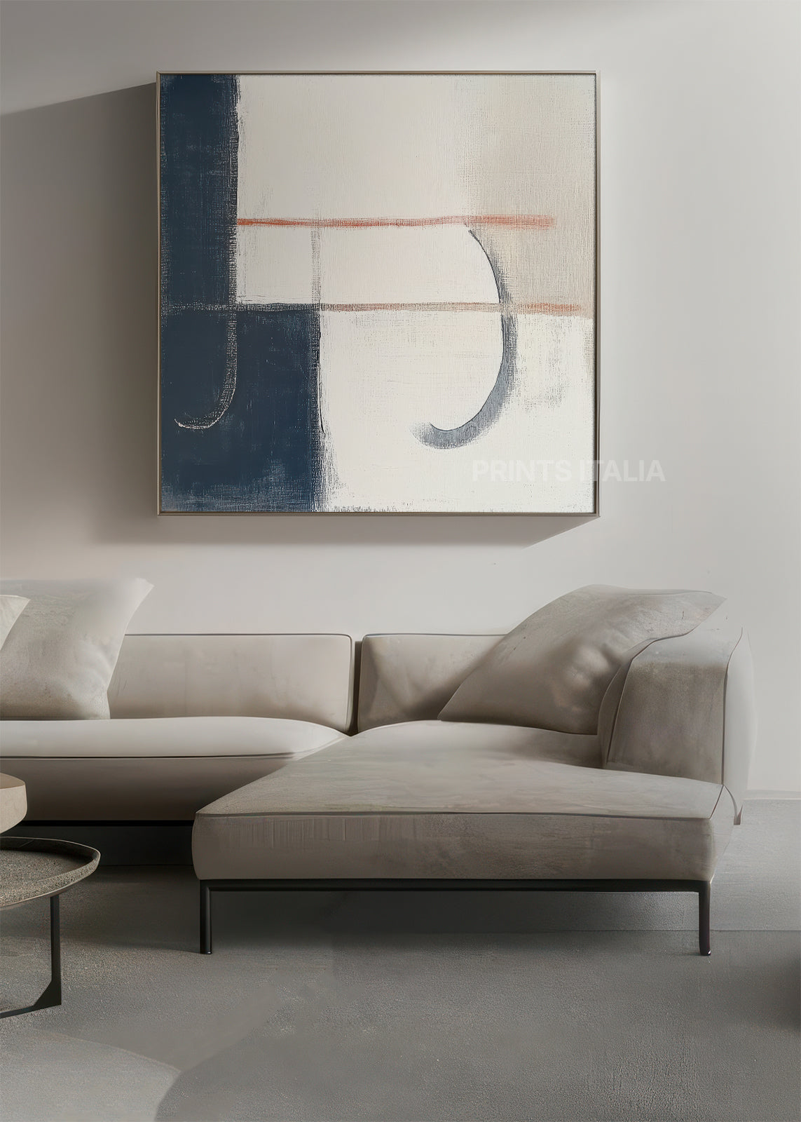 SELMIN abstract print styled in a serene, modern space, emphasizing its calm navy arc and graphic lines