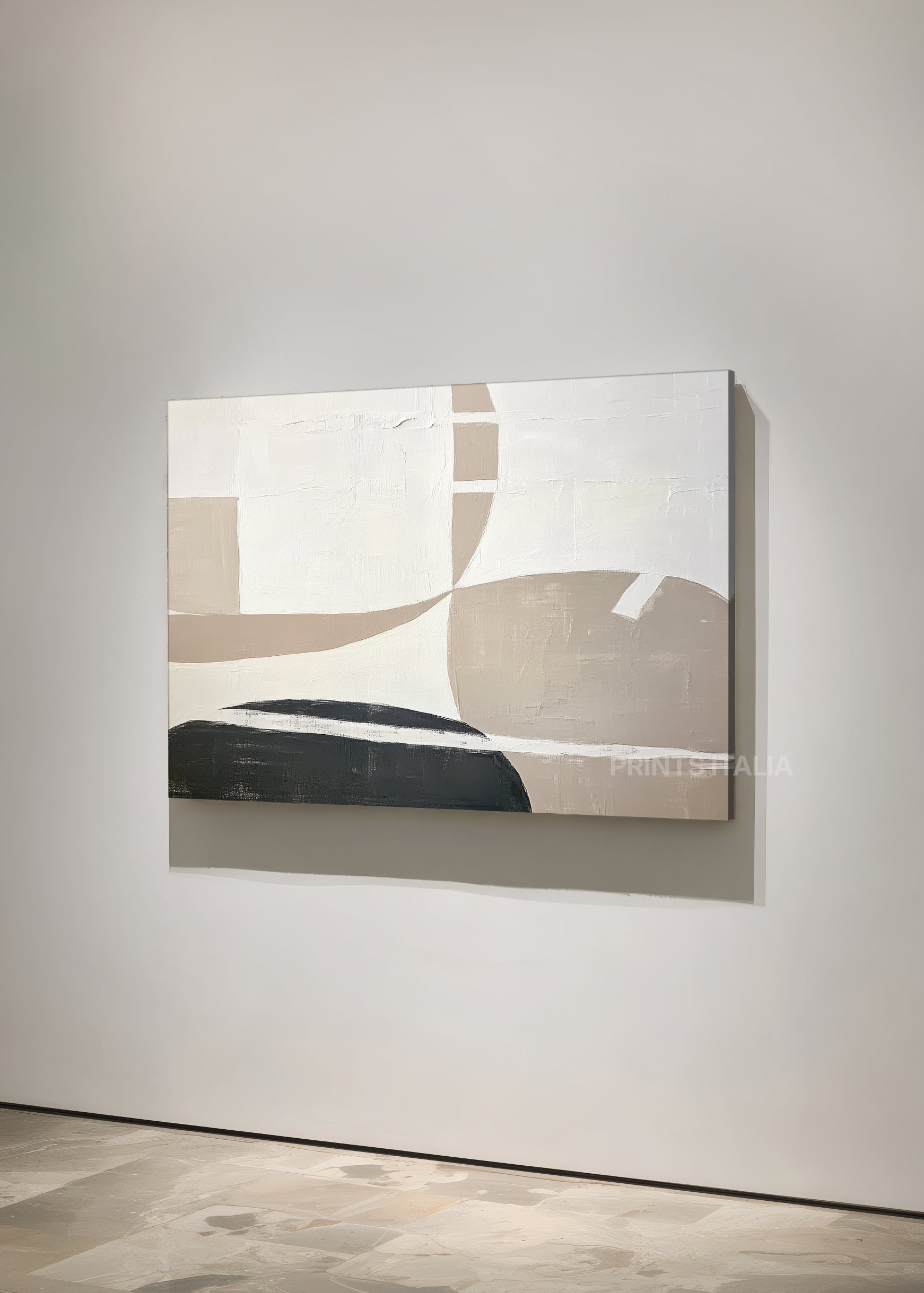 SELYN abstract print – harmonious taupe, black, and ivory forms with subtle texture in modern interior